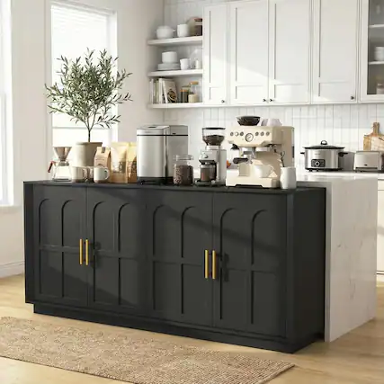 Front. Edgetech Trends - 67''Black Sideboard Buffet Cabinet with Storage, Modern Accent Cabinet with Arched Doors & Adjustable Shelf - Black.
