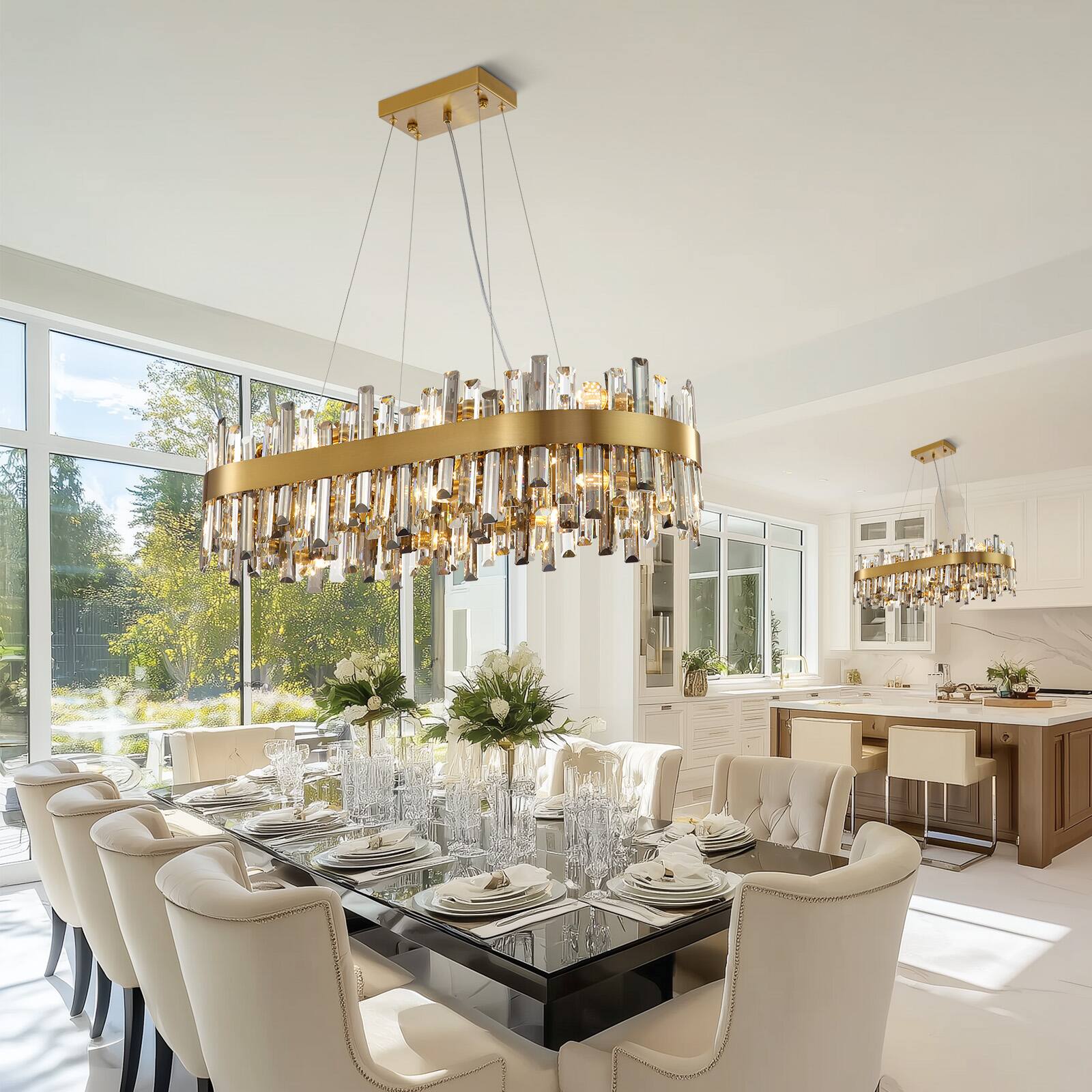 Alt View 3. Siljoy - 35.5in 16-Light Gold Smoke Oval K9 Crystal Empire Chandelier Dimmable Hardwired Linear Pendant Light for  Foyer Bedroom - Gold.
