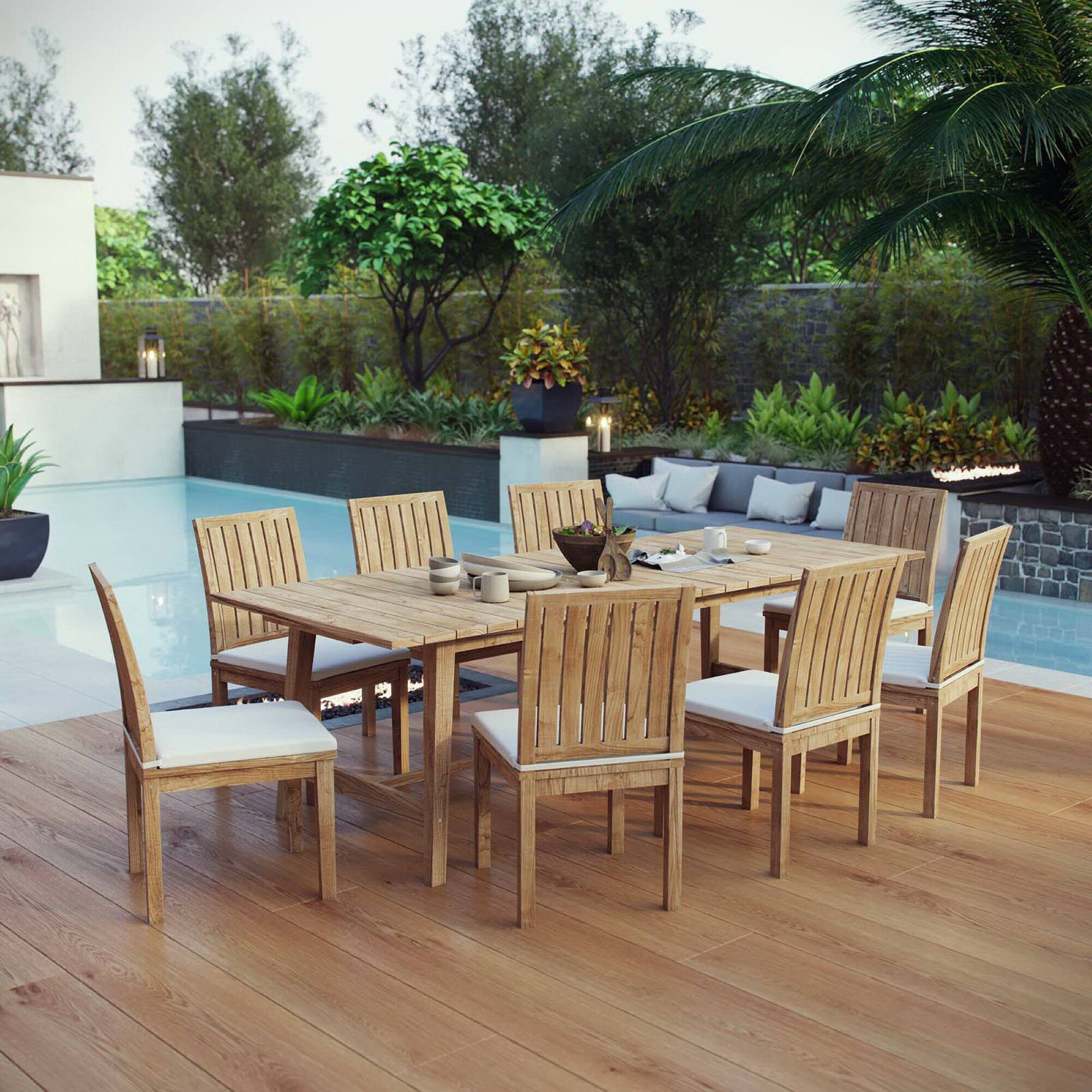 Alt View 3. Modway - Marina 9-Piece Outdoor Teak Patio Dining Set with Cushioned Seats - Natural White.