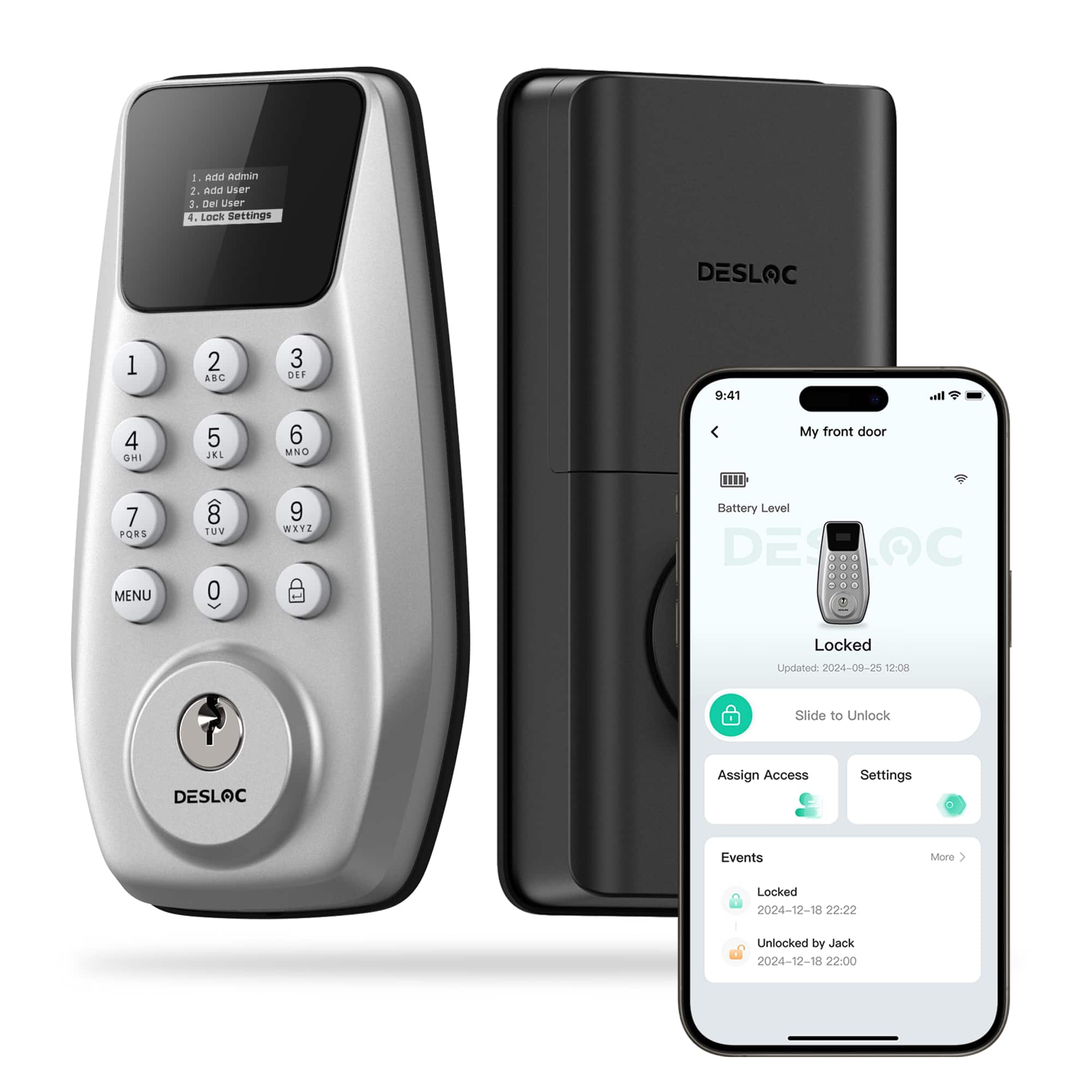 DESLOC - C100 Plus Smart WiFi Door Lock with App Control, Smart Keypad Deadbolt for Front Door - Silver