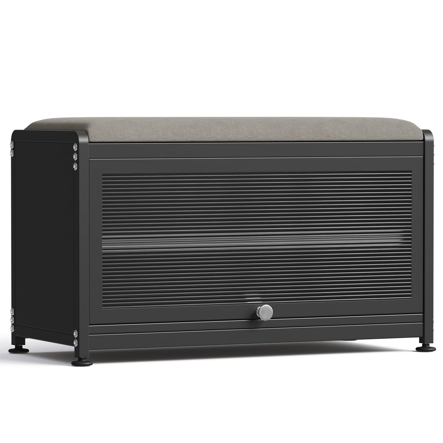 Left. Malletson - 3-Tier Shoe Storage Bench, Metal Shoe Rack with Removable Seat Cushion, for Entranceways, Hallways and Bedrooms - Black.