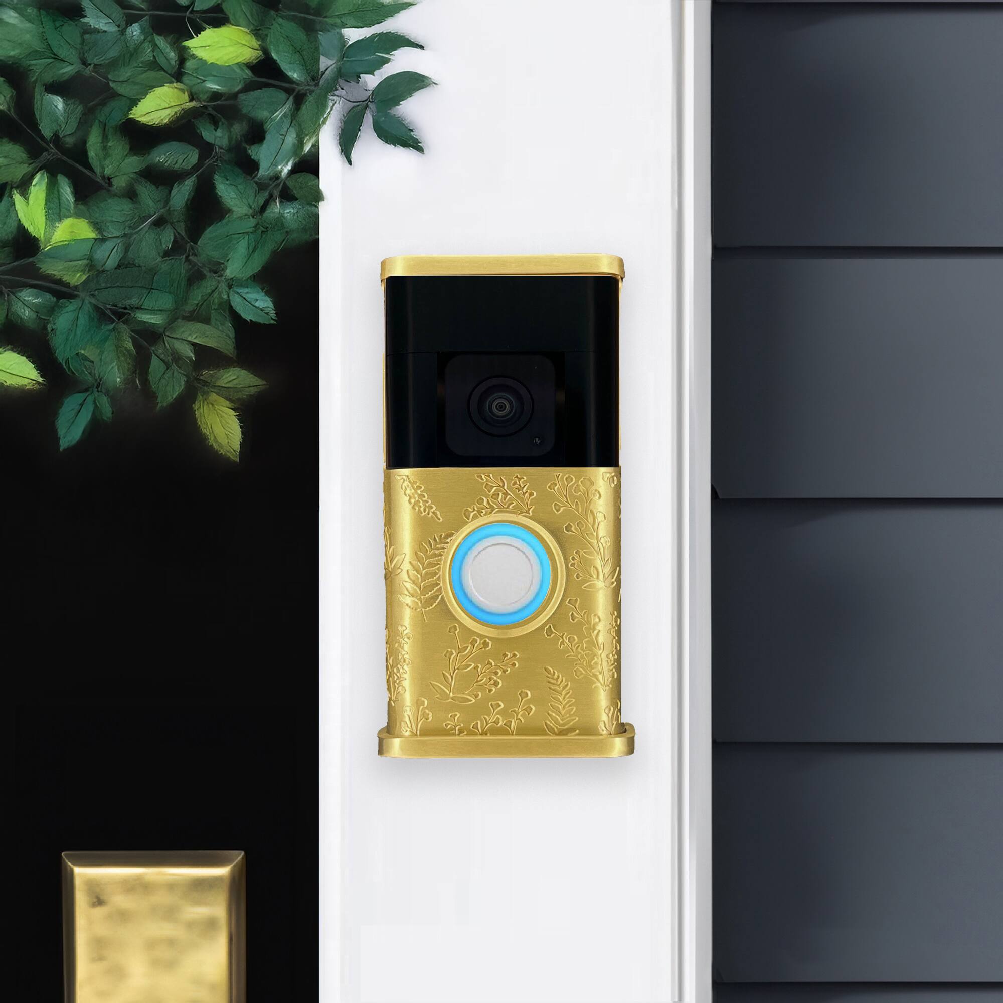 Alt View 3. Michael Healy - Wildflower Video Doorbell Cover (Ring 3, 3 Plus, 4, Battery Plus, Battery Pro) - Satin Brass.