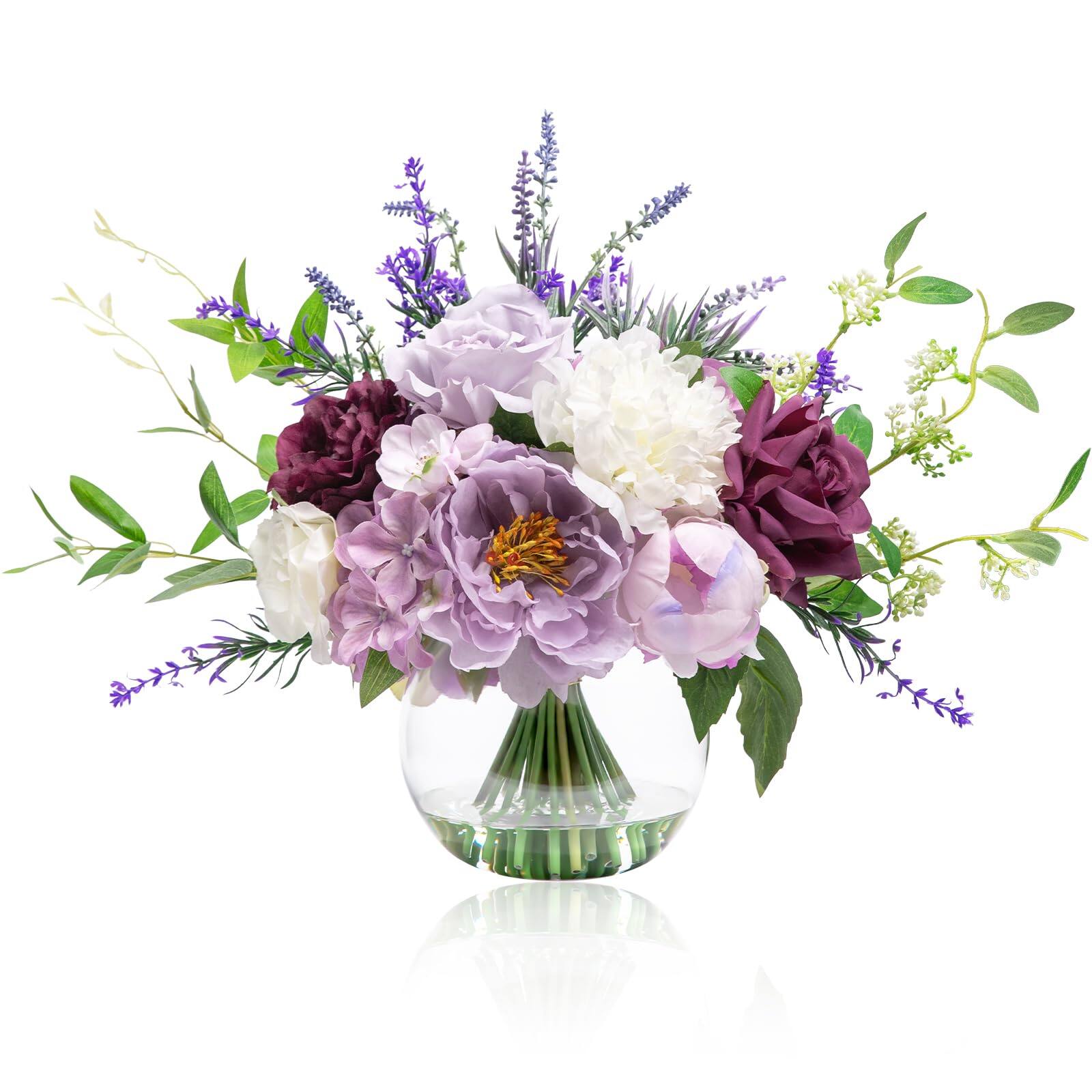 Alt View 2. Siljoy - Lavender & Silk Peony Arrangement, Faux Water Glass Vase, Home Wedding Dining Decor - Purple.