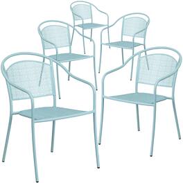 Emma + Oliver - Commercial Grade 5 Pack Indoor-Outdoor Steel Patio Arm Chair with Round Back - Sky Blue