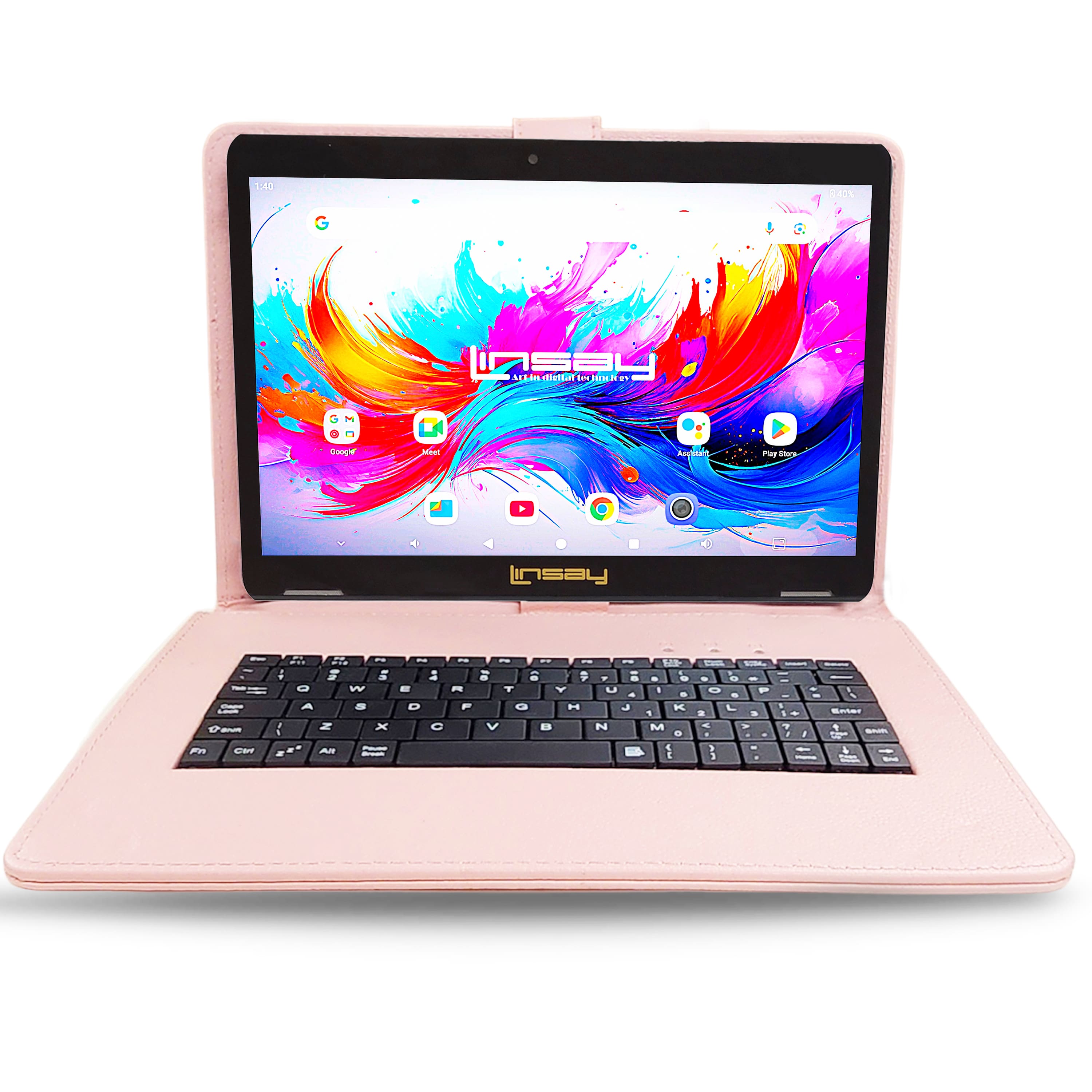 LINSAY - 10.1"Octa Core 256GB Storage Android 15 Tablet with Style Keyboard - Pink