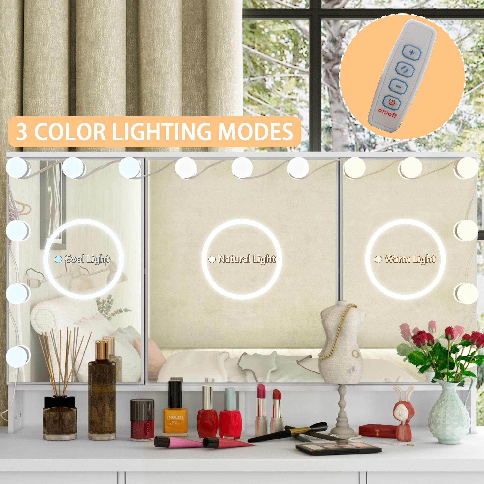 The text on the image can be grouped and corrected as follows:

"3 COLOR LIGHTING MODES: on/off, Cool Light, Natural Light, Warm Light."

This indicates that the mirror has three lighting modes: cool light, natural light, and warm light, with an on/off switch.