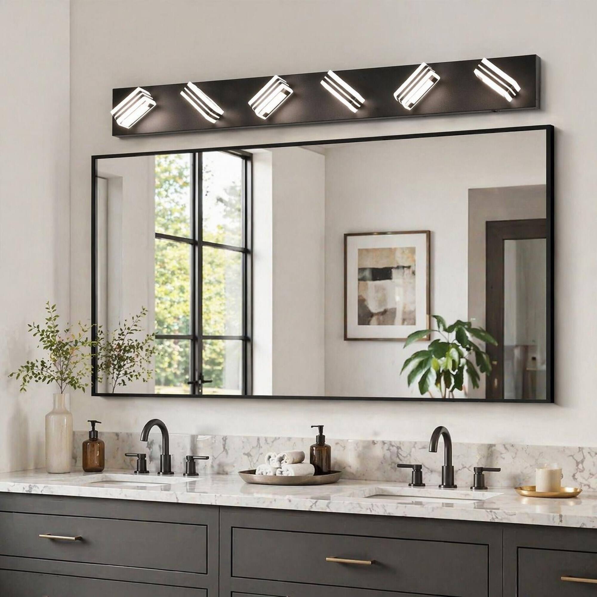 Back. RYHNUYNE - 6‑Light LED Vanity Light,40" Modern Bathroom Wall Light Fixture, Over Mirror Bath Vanity Lighting - Black.