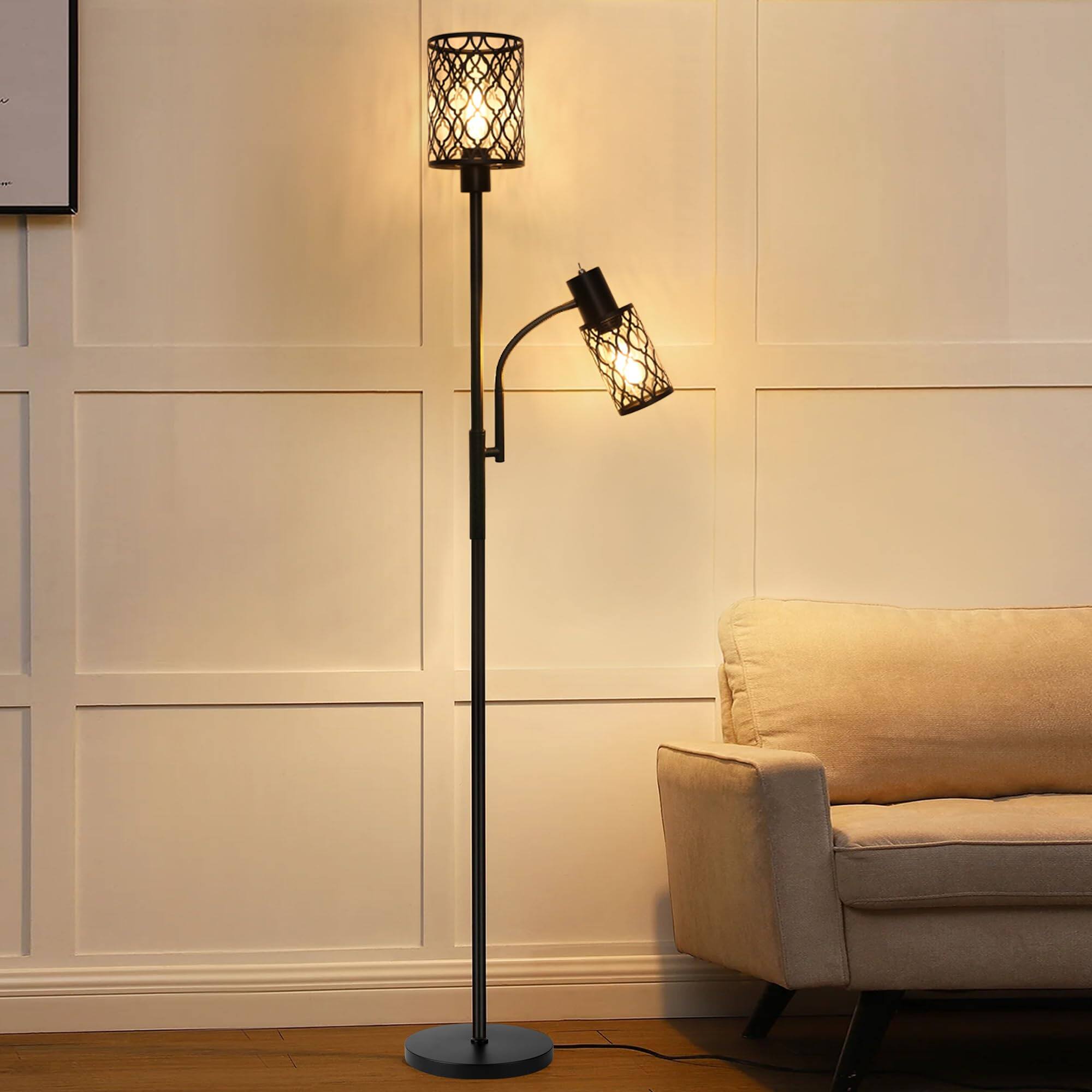 Front. Pawtners - 2-Light Adjustable Farmhouse Floor Lamp, 72" Industrial Style with Dual Bulbs for Convenient Reading & Ambiance.