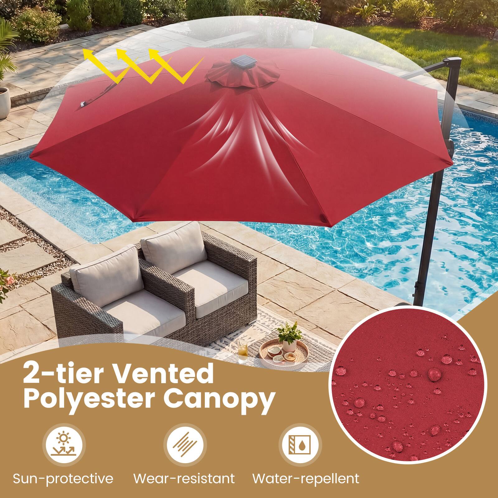 2-tier Vented Polyester Canopy  
Sun-protective  
Wear-resistant  
Water-repellent