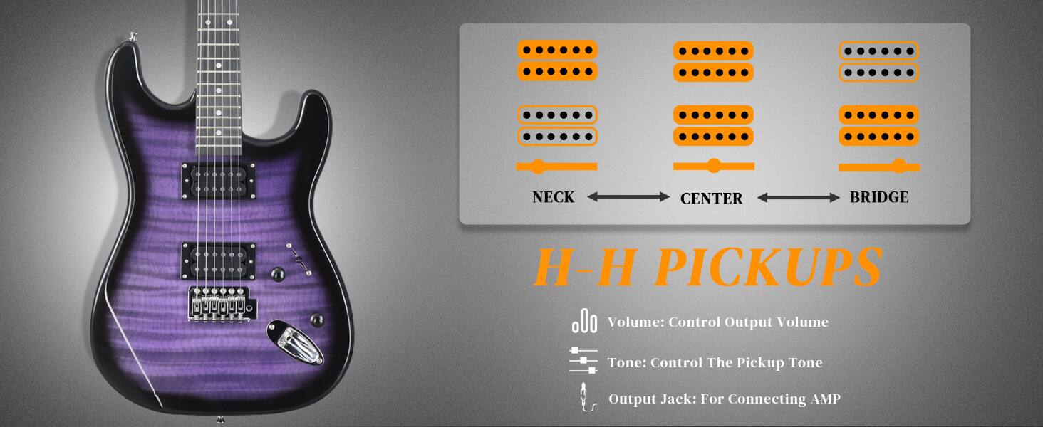 NECK CENTER BRIDGE  
H-H PICKUPS

Volume: Control Output Volume  
Tone: Control The Pickup Tone  
Output Jack: For Connecting AMP