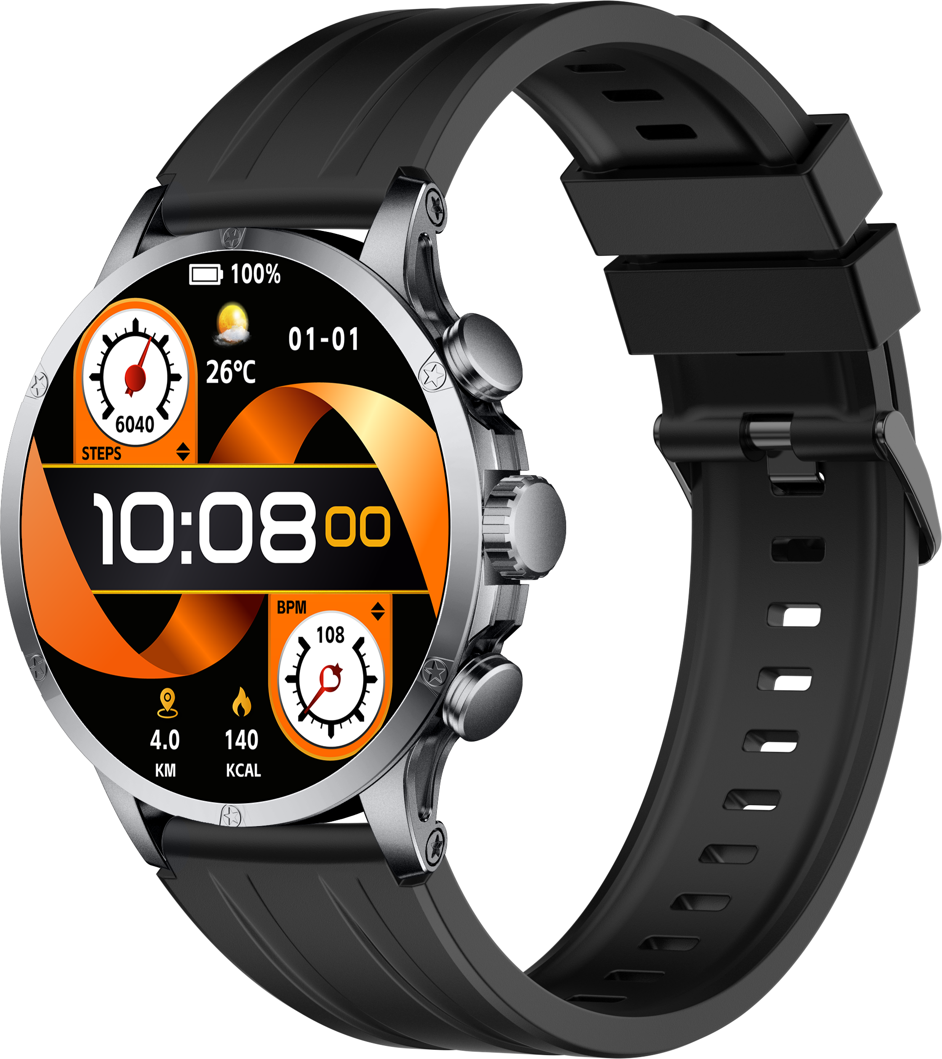 100%  
01-01  
26°C  
6040 STEPS  
10:08:00  
108 BPM  
4.0 KM  
140 KCAL