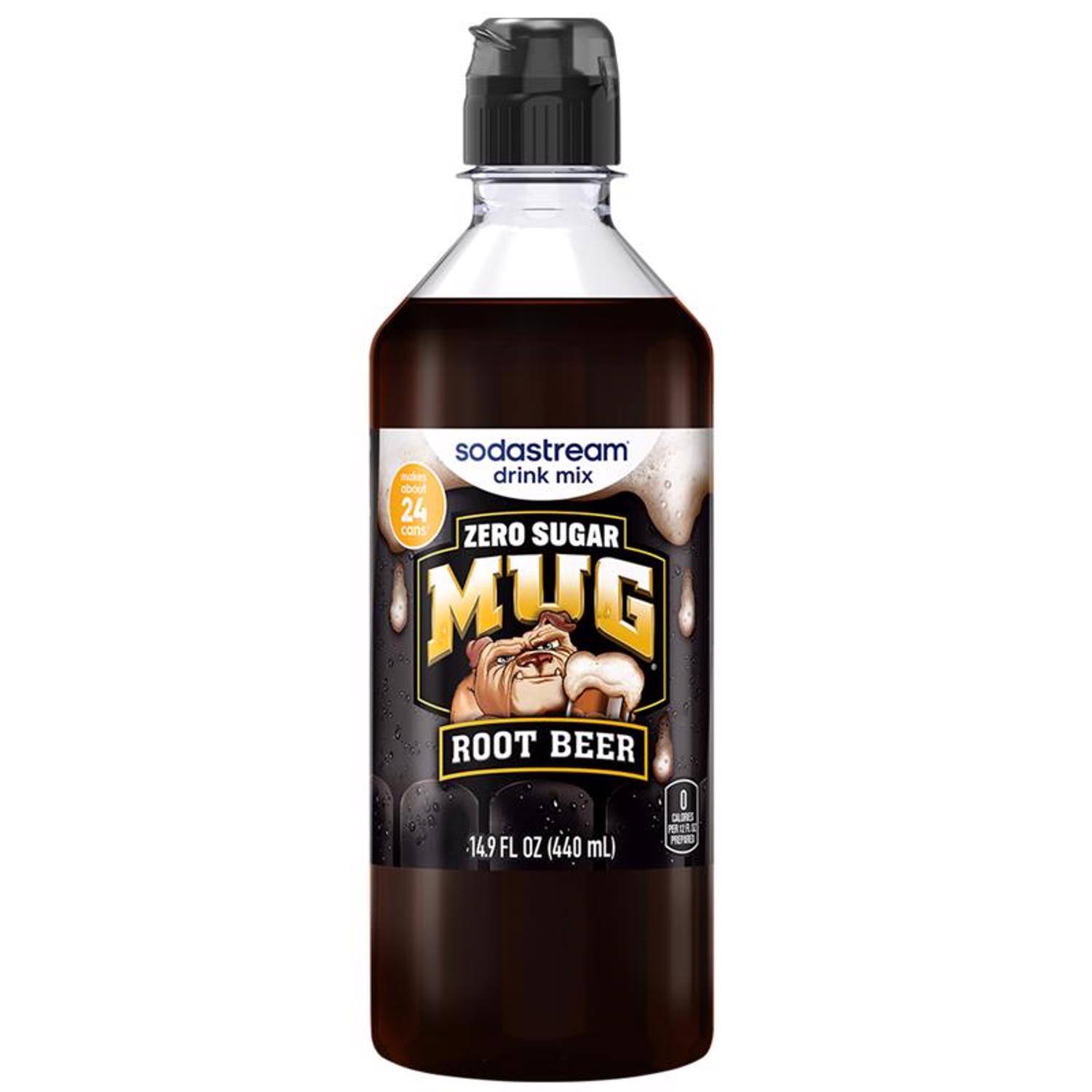 sodastream drink mix 0 about 24 cans ZERO SUGAR MUG ROOT BEER
14.9 FL OZ (440 mL)
0 CALORIES PER SERVED