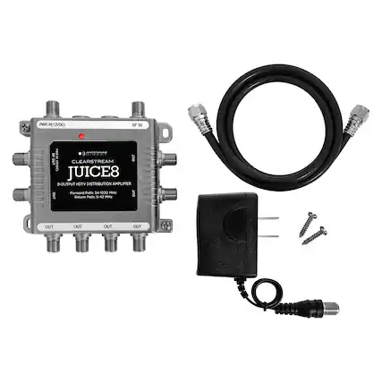 PWR IN (12VDC)
RF IN
ANTENNA
CLEARSTREAM
JUICE8
8-OUTPUT HDTV DISTRIBUTION AMPLIFIER
Forward Path: 54-1220 MHz
Return Path: 5-42 MHz
OUT
OUT
OUT
OUT
OUT
OUT