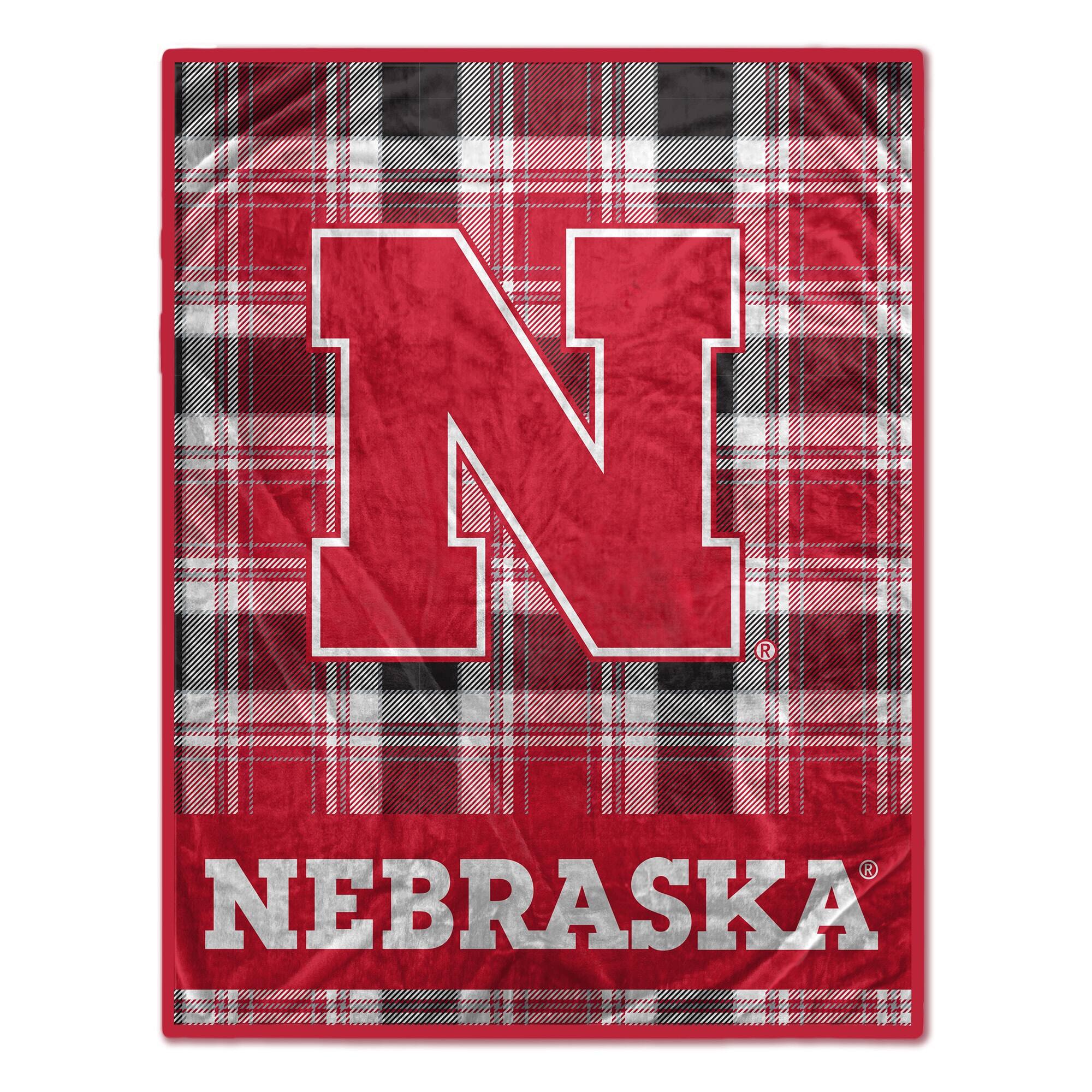 Front. Pegasus - Nebraska Huskers 66" x 95" Oversized Plaid FAN-mily Ultra Cozy Blanket - Multicolor.