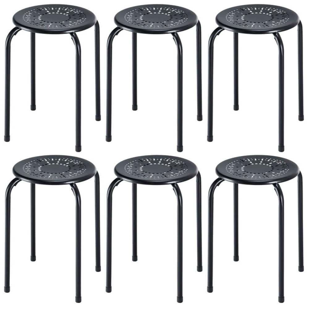 Kadyn - Set of 6 Stackable Multifunctional Daisy Design Backless Round Metal Stool Set- for Kitchen Island - Black