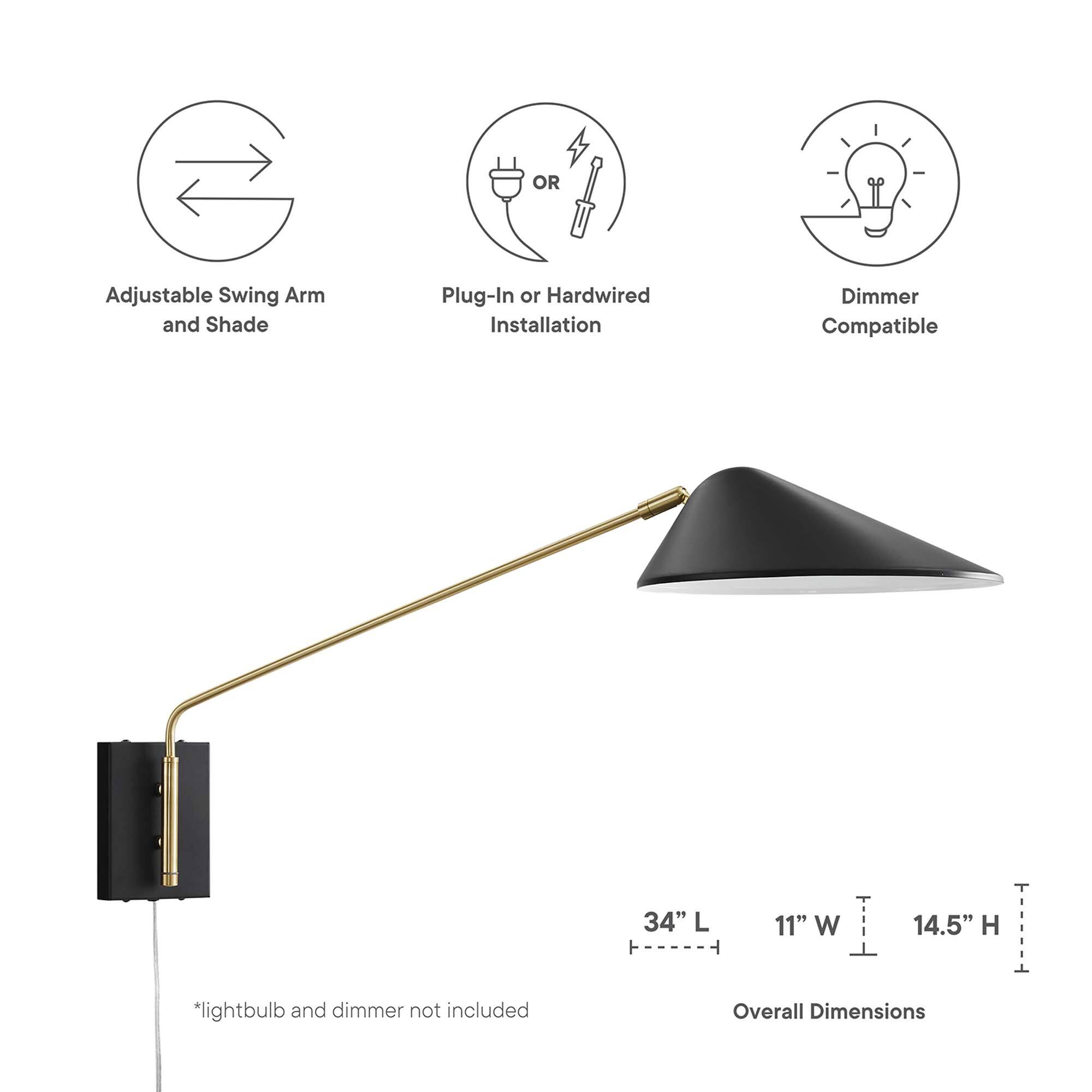 - Adjustable Swing Arm and Shade
- Plug-In or Hardwired Installation
- Dimmer Compatible

Overall Dimensions:
- 34" L
- 11" W
- 14.5" H

*Lightbulb and dimmer not included