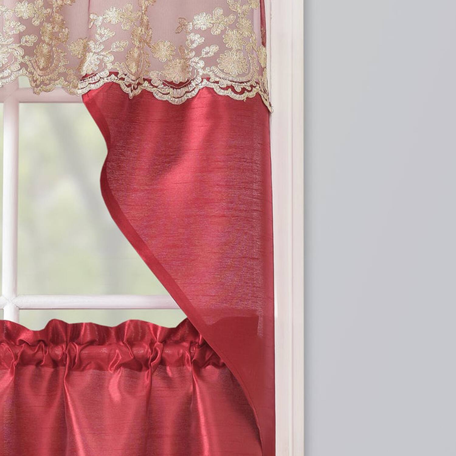 Alt View 2. RT Designers Collection - RT Designers Collection Polyester Bethany Embroidered 3 PC Kitchen Curtains Tier & Swag Set 60" x 36" Red - Red.