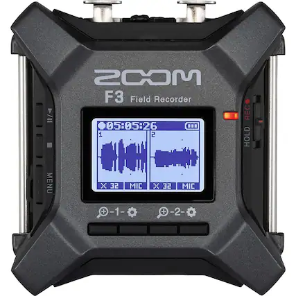 ZOOM F3 Field Recorder
05:05:26
1 2
X 32 MIC X 32 MIC
REC HOLD
MENU
+1- -1-
+2- -2-
