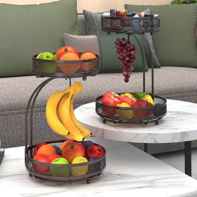 Alt View 2. Adivo - 2-Tier Fruit Basket with Hanging Hooks, Heavy-Duty Metal Countertop Produce Organizer - Black.