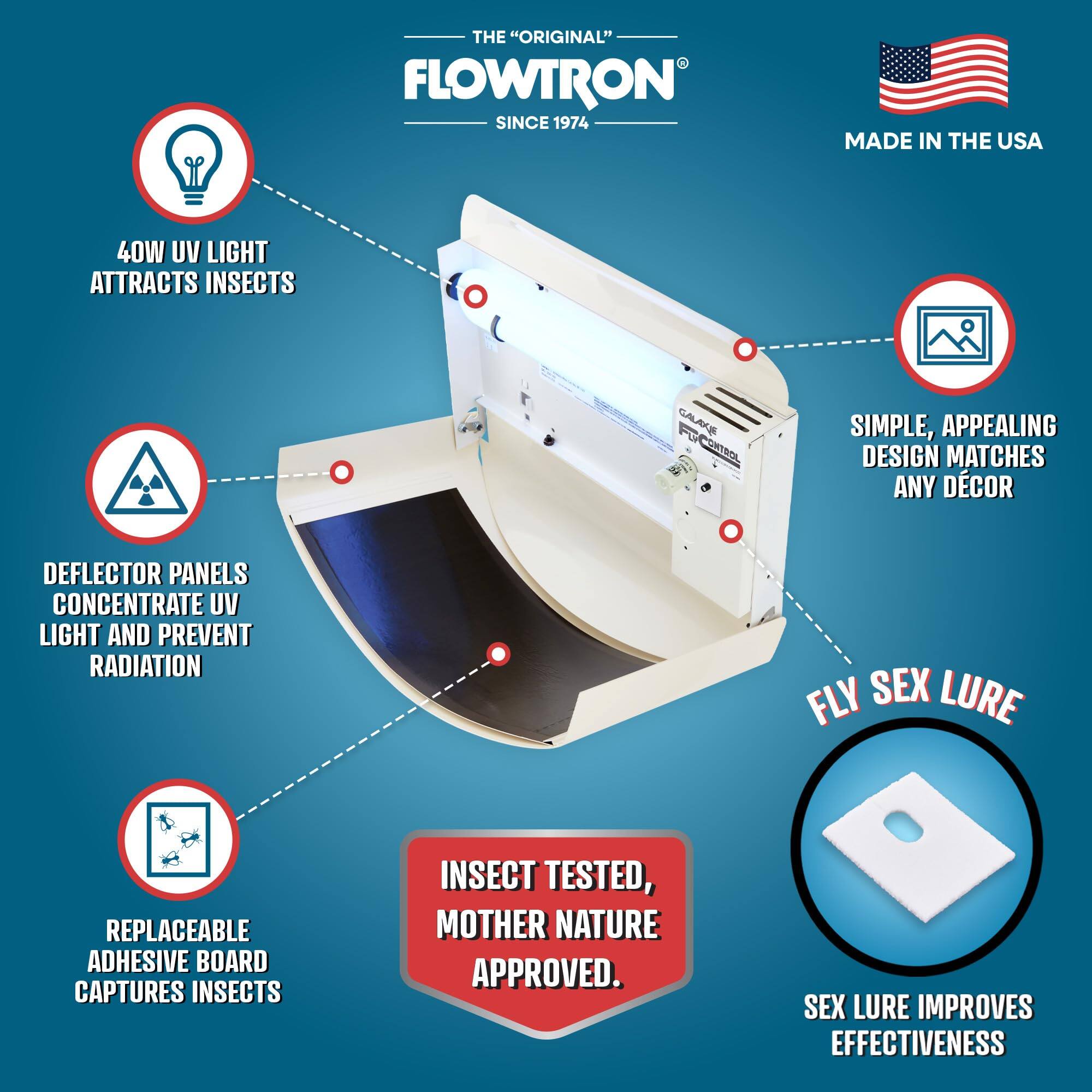 THE "ORIGINAL" FLOWTRON SINCE 1974 MADE IN THE USA 40W UV LIGHT ATTRACTS INSECTS SIMPLE, APPEALING DESIGN MATCHES ANY DECOR DEFLECTOR PANELS CONCENTRATE UV LIGHT AND PREVENT RADIATION FLY SEX LURE REPLACEABLE ADHESIVE BOARD CAPTURES INSECTS INSECT TESTED, MOTHER NATURE APPROVED. SEX LURE IMPROVES EFFECTIVENESS