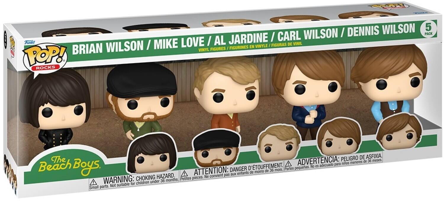 Sure, here is the corrected and grouped text from the image:

---

**Top Left Corner:**
- Funko
- POP! ROCKS

**Top Center:**
- BRIAN WILSON / MIKE LOVE / AL JARDINE / CARL WILSON / DENNIS WILSON

**Top Right Corner:**
- 5 PACK

**Middle Left:**
- The Beach Boys

**Middle Right:**
- VINYL FIGURES / FIGURINES EN VINYLE / FIGURAS DE VINIL / FIGURINES POP! ROCKS

**Bottom Left:**
- WARNING: CHOKING HAZARD. Small parts. Not suitable for children under 36 months.

**Bottom Center:**
- ATTENTION: DANGER D'ÉTOUFFEMENT. Petites pièces. Ne convient pas aux enfants de moins de 36 mois.

**Bottom Right:**
- ADVERTENCIA: PELIGRO DE ASFIXIA. Partes pequeñas. No es adecuado para niños menores de 36 meses.

---

This text is organized to reflect the information on the packaging.