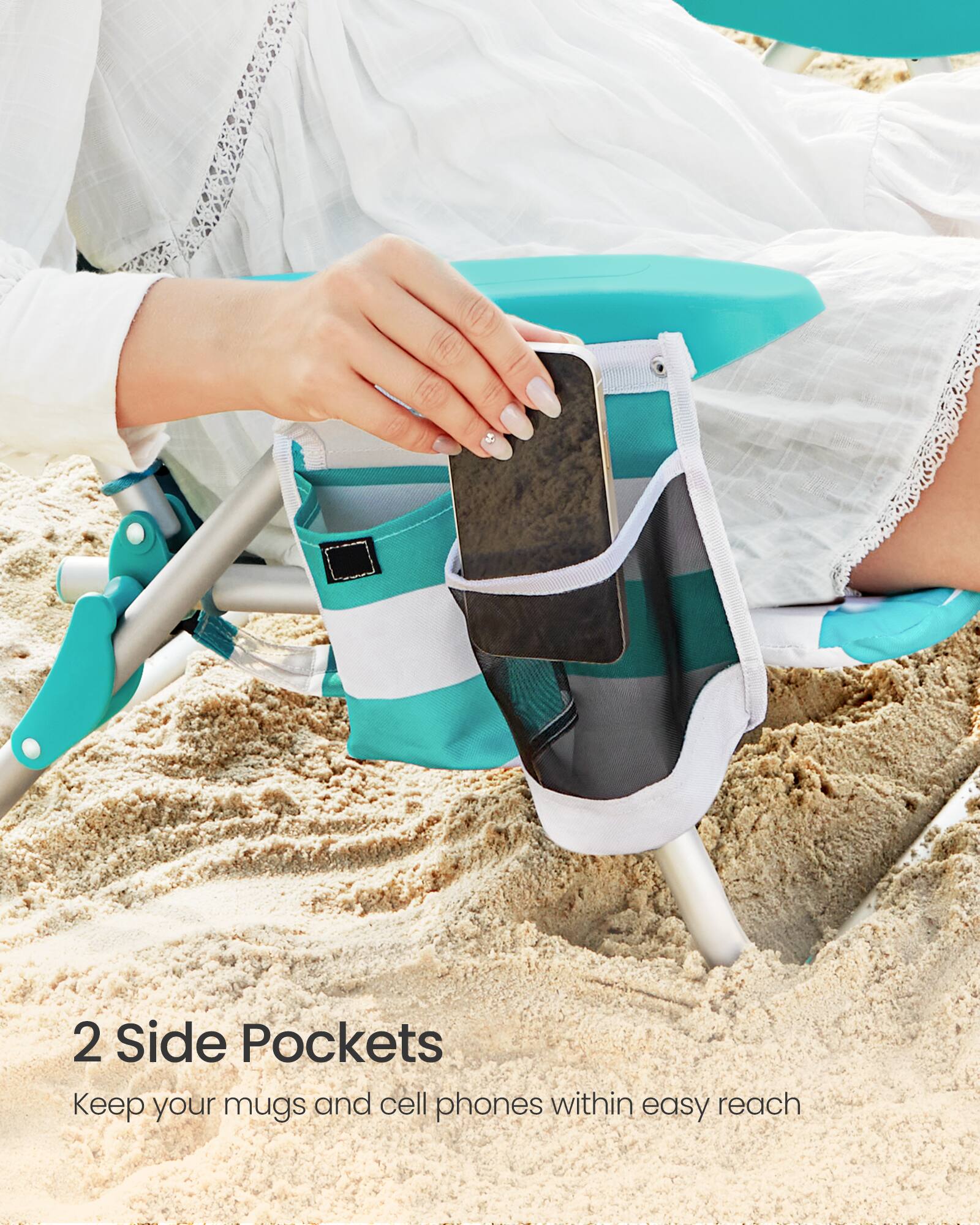 2 Side Pockets  
Keep your mugs and cell phones within easy reach