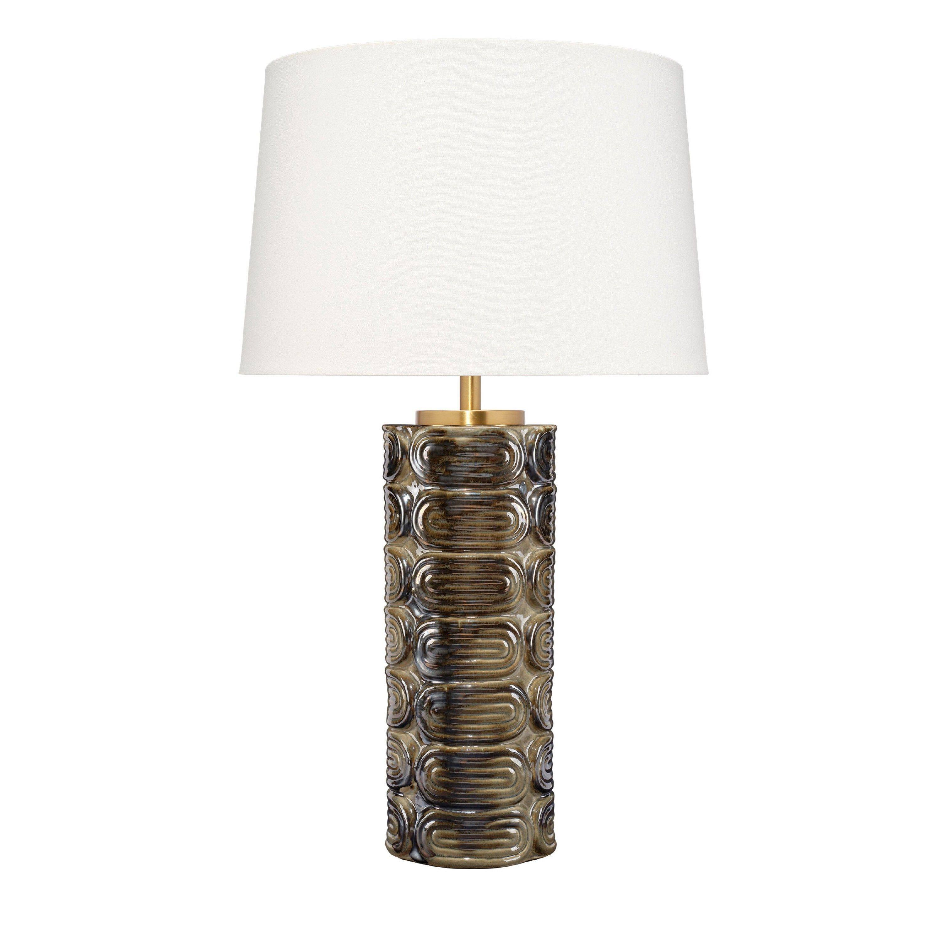 Front. Manhattan Lane - Wrix Accent Table Lamp, Linen Shade, Ceramic Base 29 Inch - Espresso Brown, White, Brass.