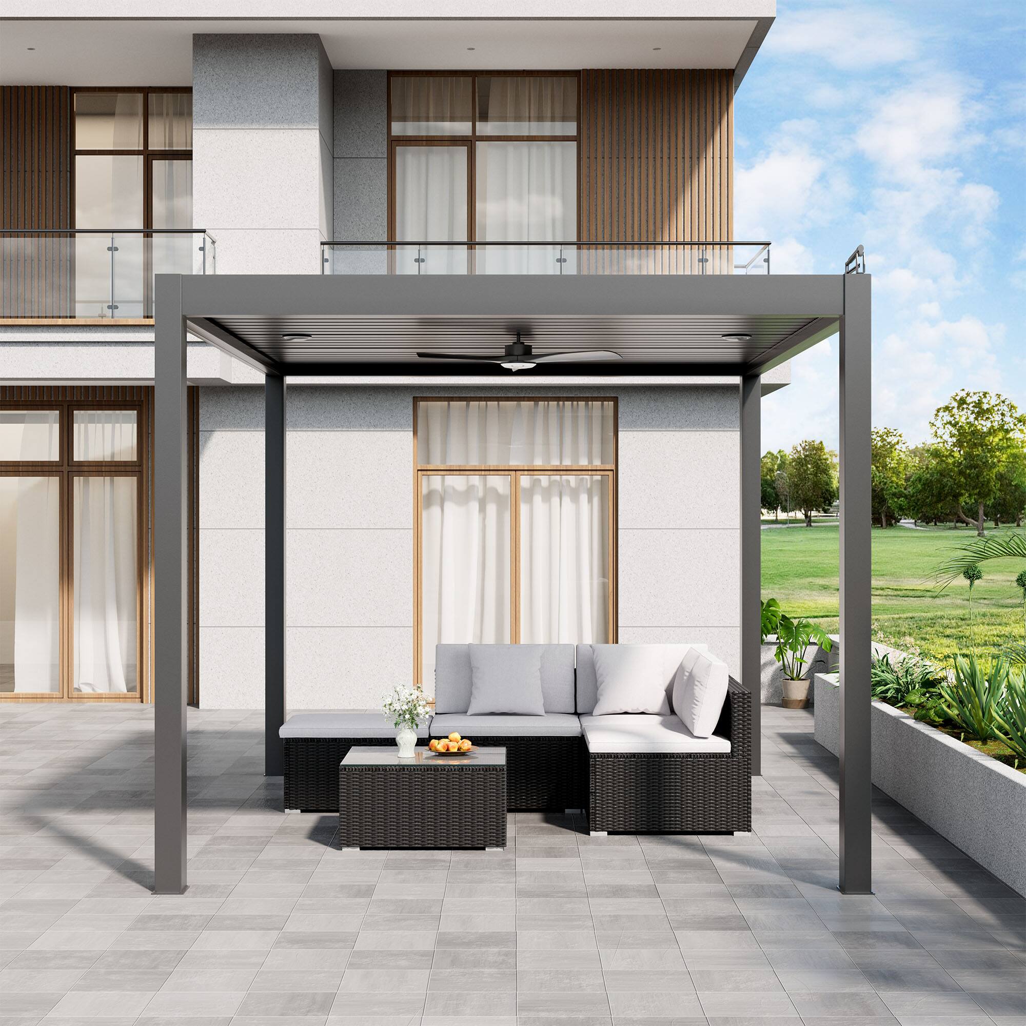 Angle. Mondawe - 10ft x 12ft Solar-Powered Aluminum Pergola with Adjustable Louvers and Hidden Drainage System - Grey.