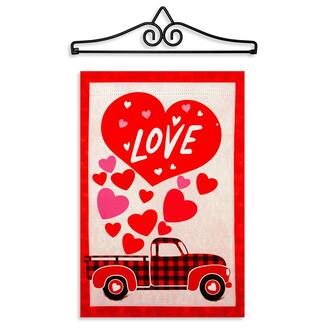 Combo Garden Flag Hanger 14 in and 12x18 in Double-Sided "Happy Valentine's Day Love Truck" Flag.