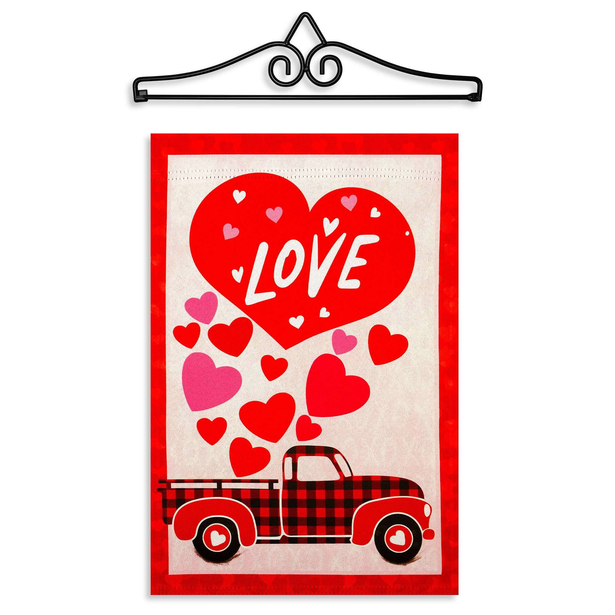 Combo Garden Flag Hanger 14 in and 12x18 in Double-Sided "Happy Valentine's Day Love Truck" Flag.
