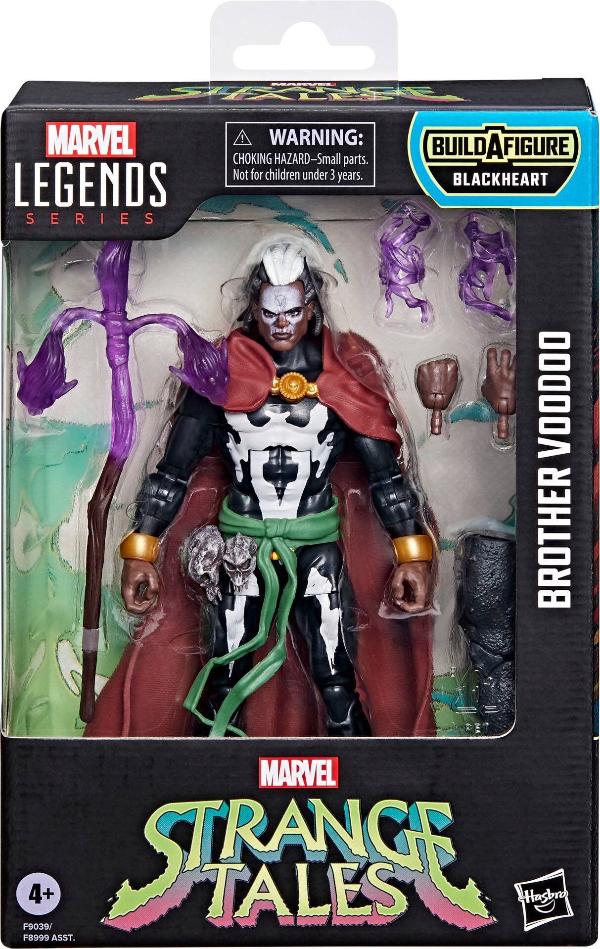 The text on the image reads: "WARNING: BUILDAFIGURE CHOKING HAZARD-Small parts. Not for children under 3 years. BLACKHEART LEGENDS SERIES VOODOO BROTHER = PET MARVEL F9039/ 4+ STANDE TALES Hasbro F8999 ASST."