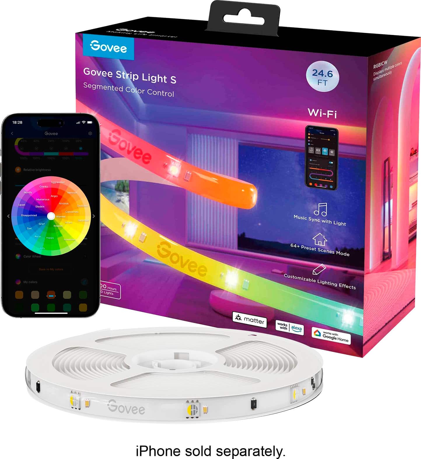 Govee Govee Strip Light S Segmented Color Control 18:28 C Govee a. a 30% 1a% - 1ooK - - Govee R brightness A Taa 24.6 FT Wi-Fi RGBICW 220m ne ammutaroul Diciess H reeoN Mnur MWra A Lar F - CAnamas - mUTs - - - A S NL maE Cao maa I - M - My dators DO Hins D Lights Govee Music Sync with Light G4+ Preset Scenes Mode Customizable Lighting Effects matter works with alexa - w Google Home Sovee iPhone sold separately.