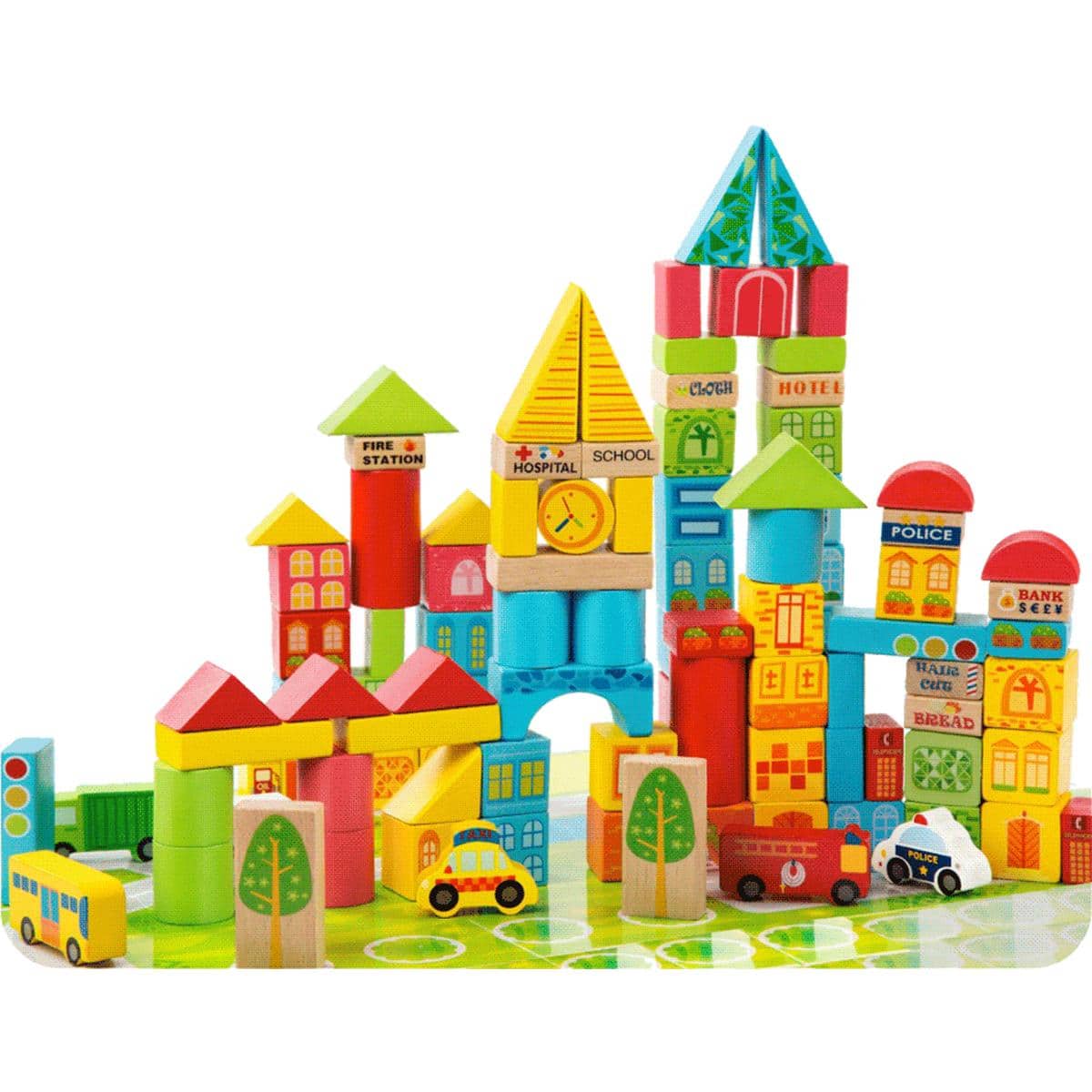 JuzToys - 100pcs Wooden Building Blocks STEM Toy Set – Toy Vehicles Including Truck and School Bus, Construction Stacking Toys - Multicolored