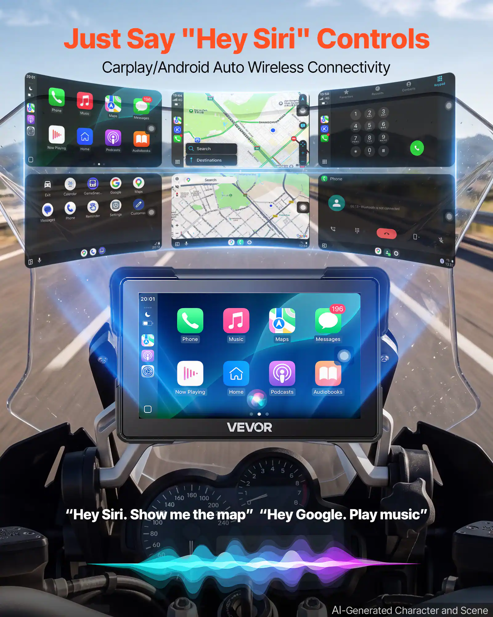 20:01
Just Say "Hey Siri" Controls Carplay/Android Auto Wireless Connectivity

Keypad Contacts

Phone
Music
Maps
Messages
COMIC - MAX 1000
1 4
2 5
3 6
7
8
9

Now Playing
Home
Podcasts
Audiobooks

Search
Phone
Exit
Calendar

Messages
Phone
Reminder
Settings
Customia

Fluefocth not connected
2010

"Hey Siri. Show me the map" "Hey Google. Play music"

VEVOR

AI-Generated Character and Scene