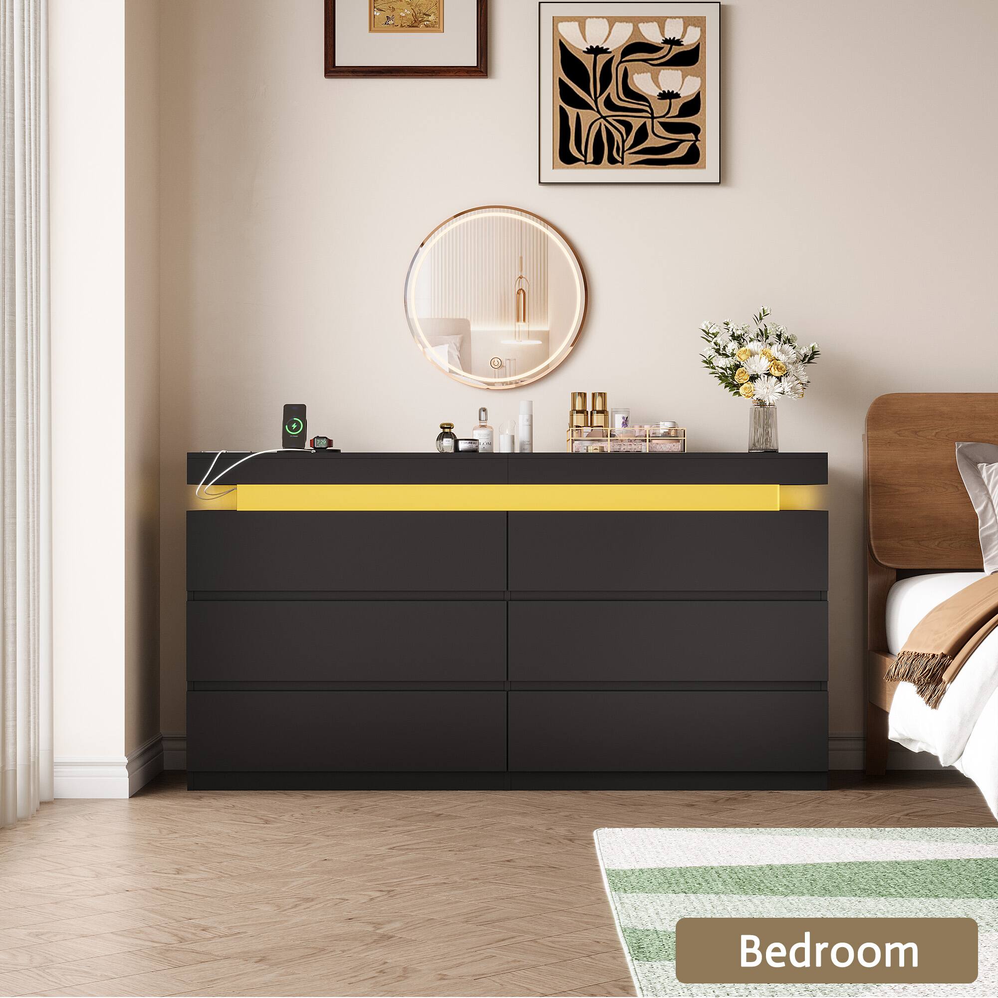 Alt View 8. Vipbear - 6 Drawer Dresser with Hidden Sliding Desktop, Modern Double Wood Chest of Drawers with Charging Station and LED - Black.