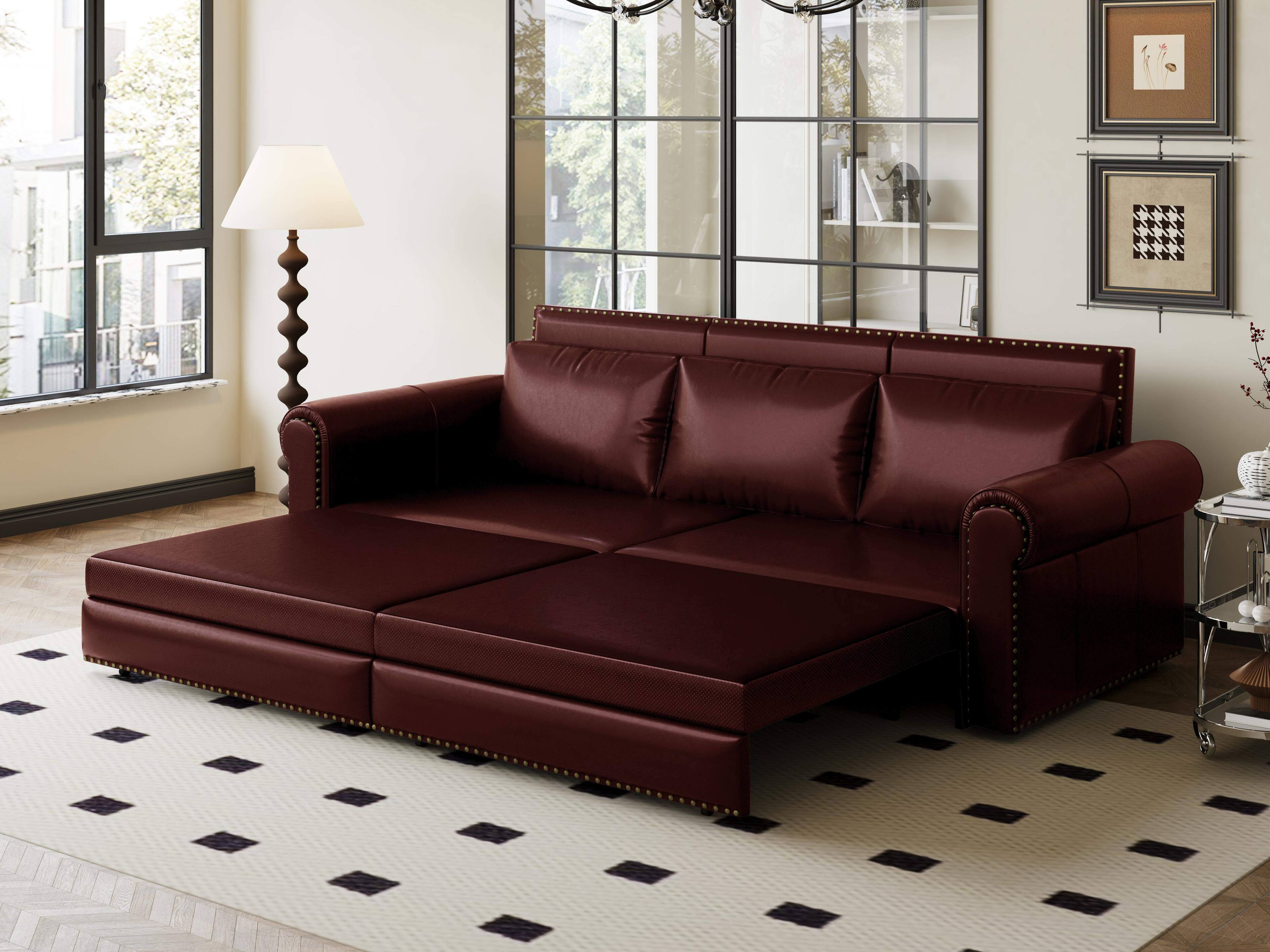 Front. LOVMOR - Chesterfield Sofa93.7 inch King Pull Out Sofa Bed3in1 Faux Leather Convertible Sleeper Sofa with Nailhead Trim Rolled - Burgundy.