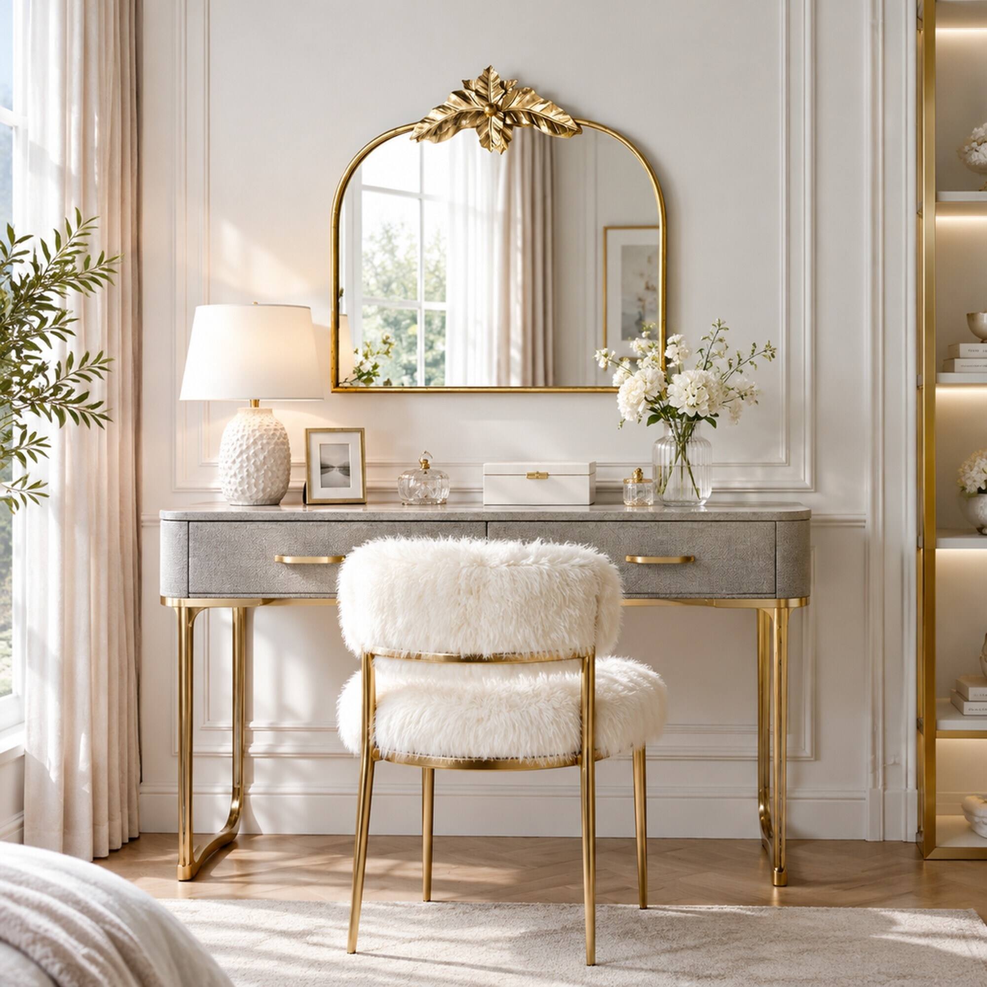 Alt View 2. RYHNUYNE - Gold Arched Wall Mirror, 39.5 x 35 in, Metal Frame and MDF, Wall Mounted Decor for Living Room or Bedroom - Gold.
