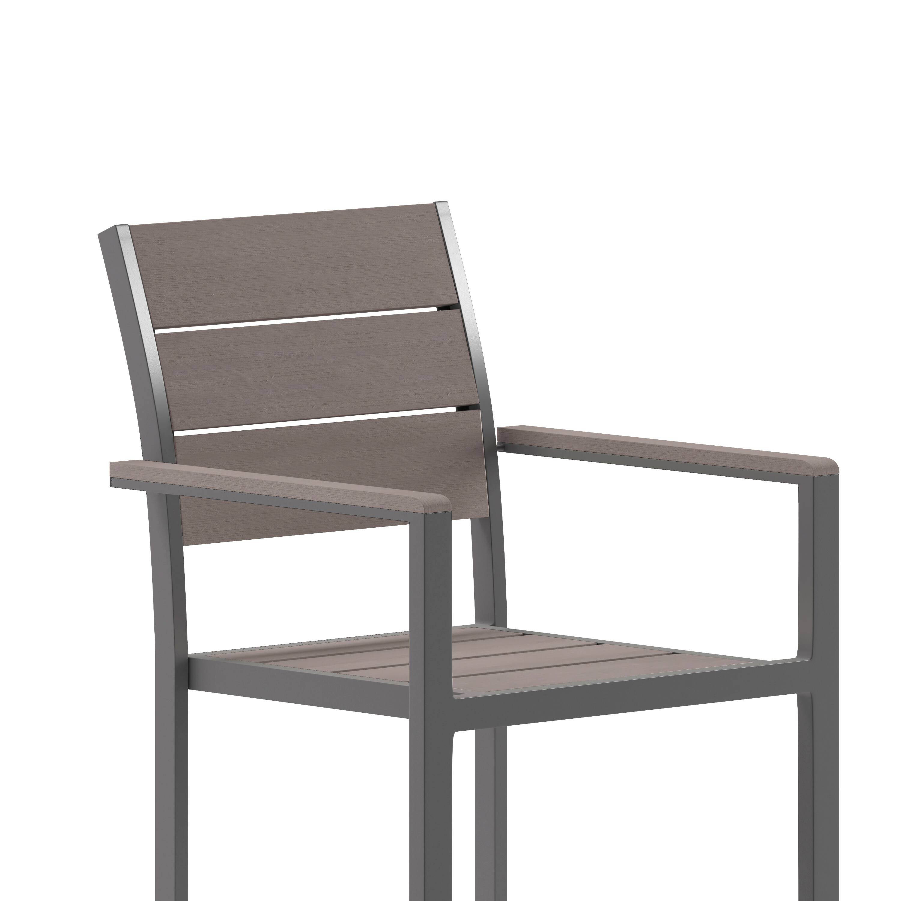 Alt View 10. Emma + Oliver - Fena Outdoor Stacking Side Chair with Faux Teak Poly Slat Seat, Back and Arms and Metal Frame - Gray.
