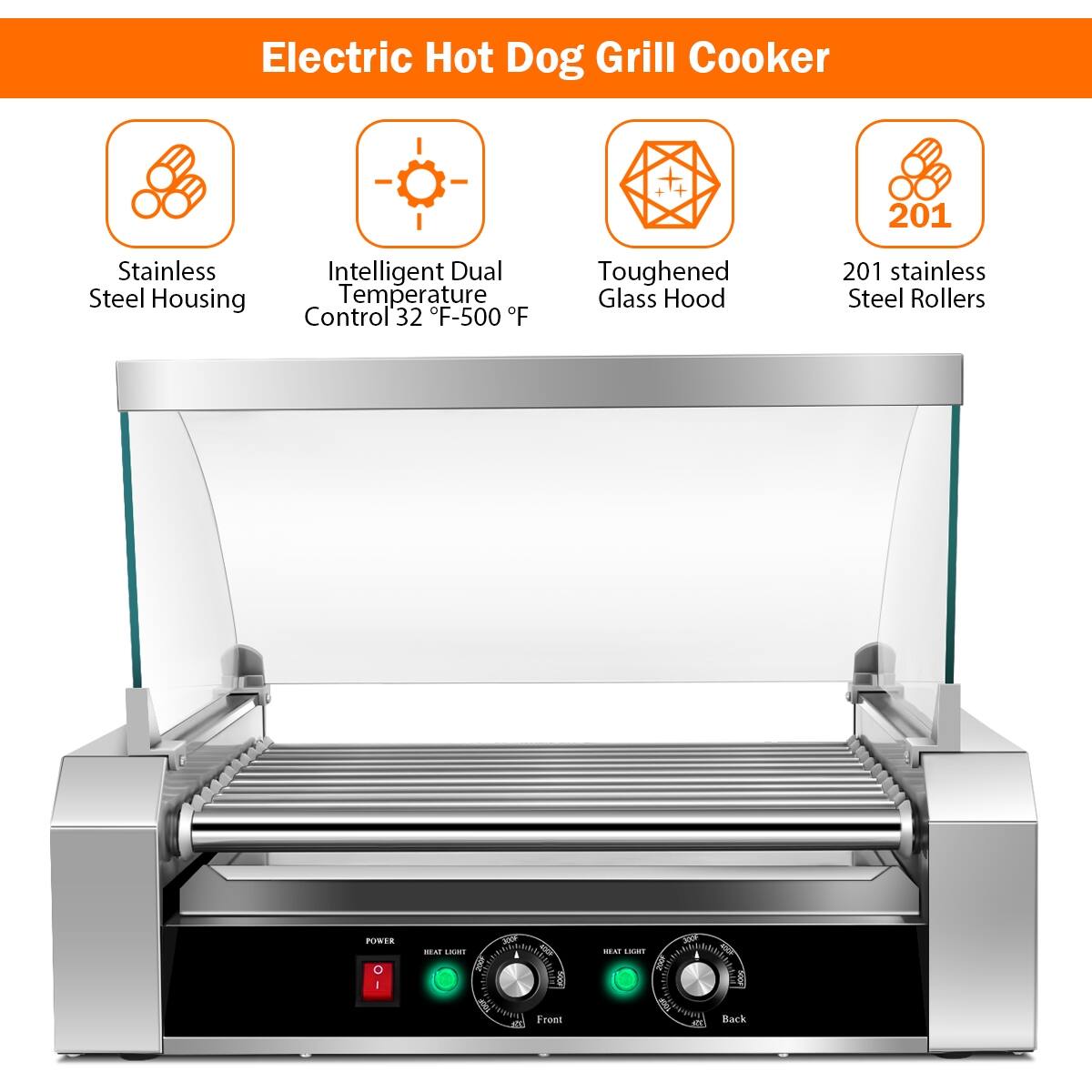 Electric Hot Dog Grill Cooker, Stainless Steel Housing, Intelligent Dual Temperature Control 32 F-500 F, Toughened Glass Hood, 201 stainless Steel Rollers
