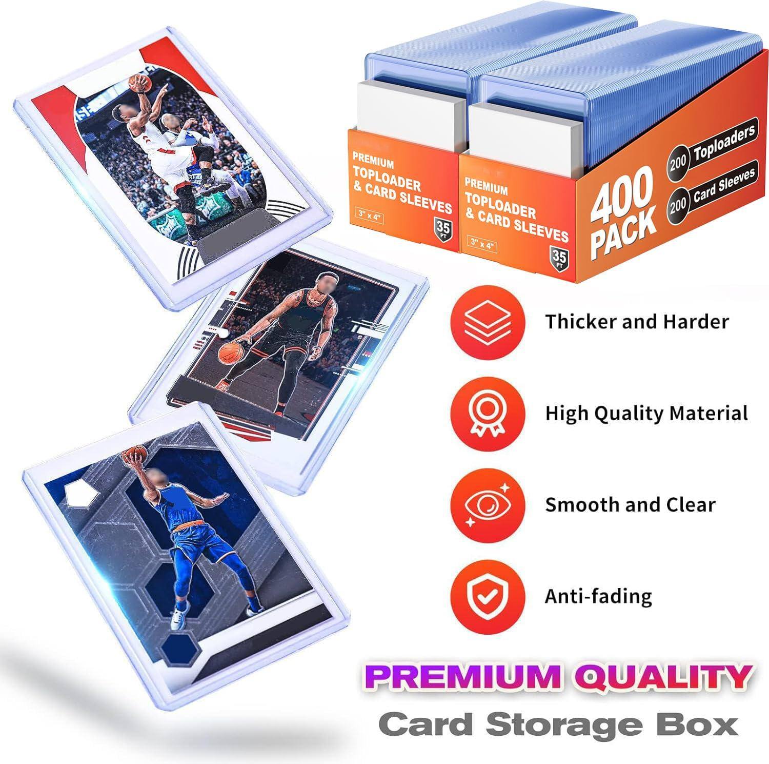 Sure, here is the corrected and grouped text from the image:

---

**PREMIUM QUALITY Card Storage Box**

- **Thicker and Harder**
- **High Quality Material**
- **Smooth and Clear**
- **Anti-fading**

**PREMIUM TOPLOADER & CARD SLEEVES PACK**

- **400 PACK**
  - **200 Toploaders**
  - **200 Card Sleeves**

**35 TOPLOADER & CARD SLEEVES**

- **3" x 4"**

---

This text highlights the features and contents of the card storage box.