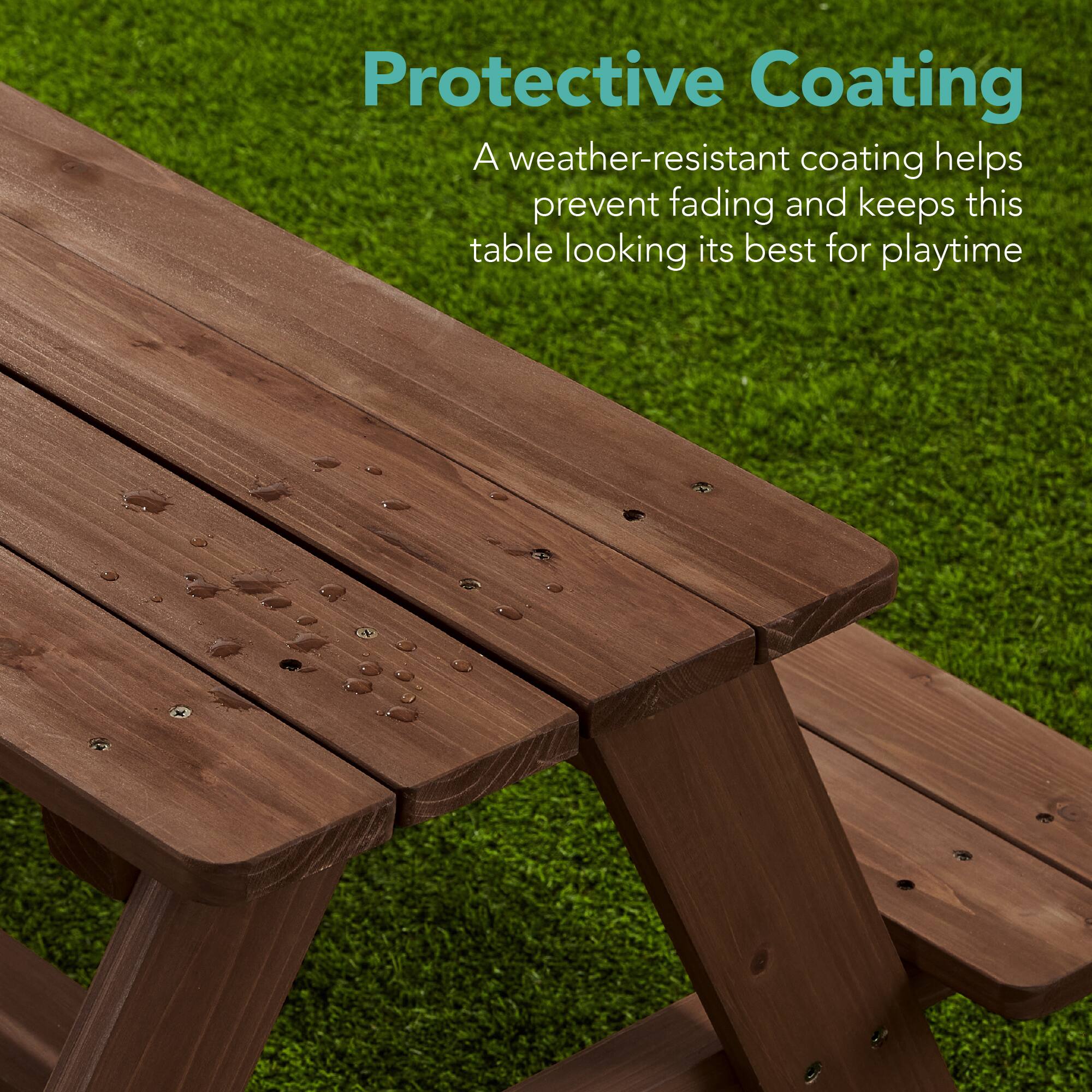 Protective Coating

A weather-resistant coating helps prevent fading and keeps this table looking its best for playtime