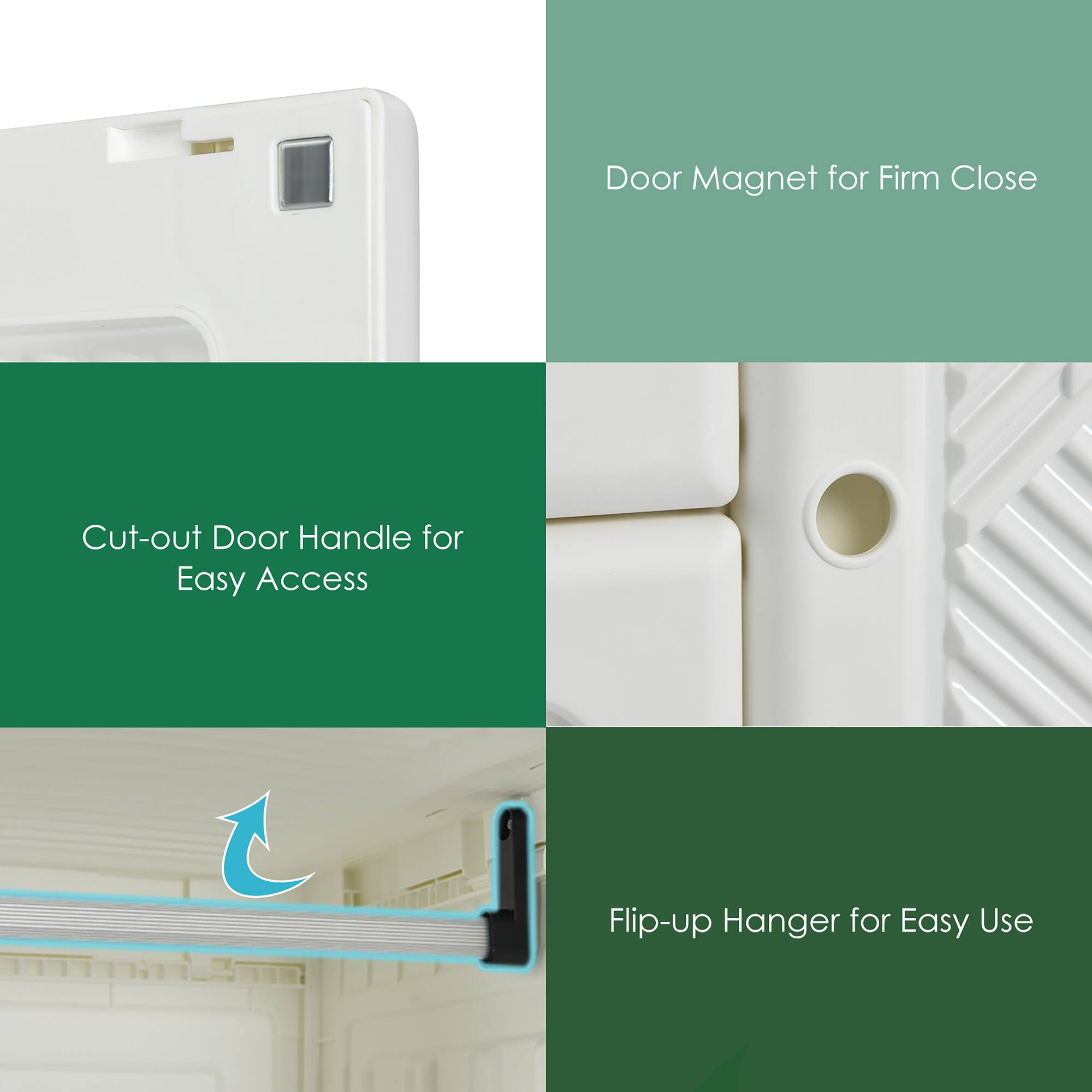 - Door Magnet for Firm Close
- Cut-out Door Handle for Easy Access
- Flip-up Hanger for Easy Use