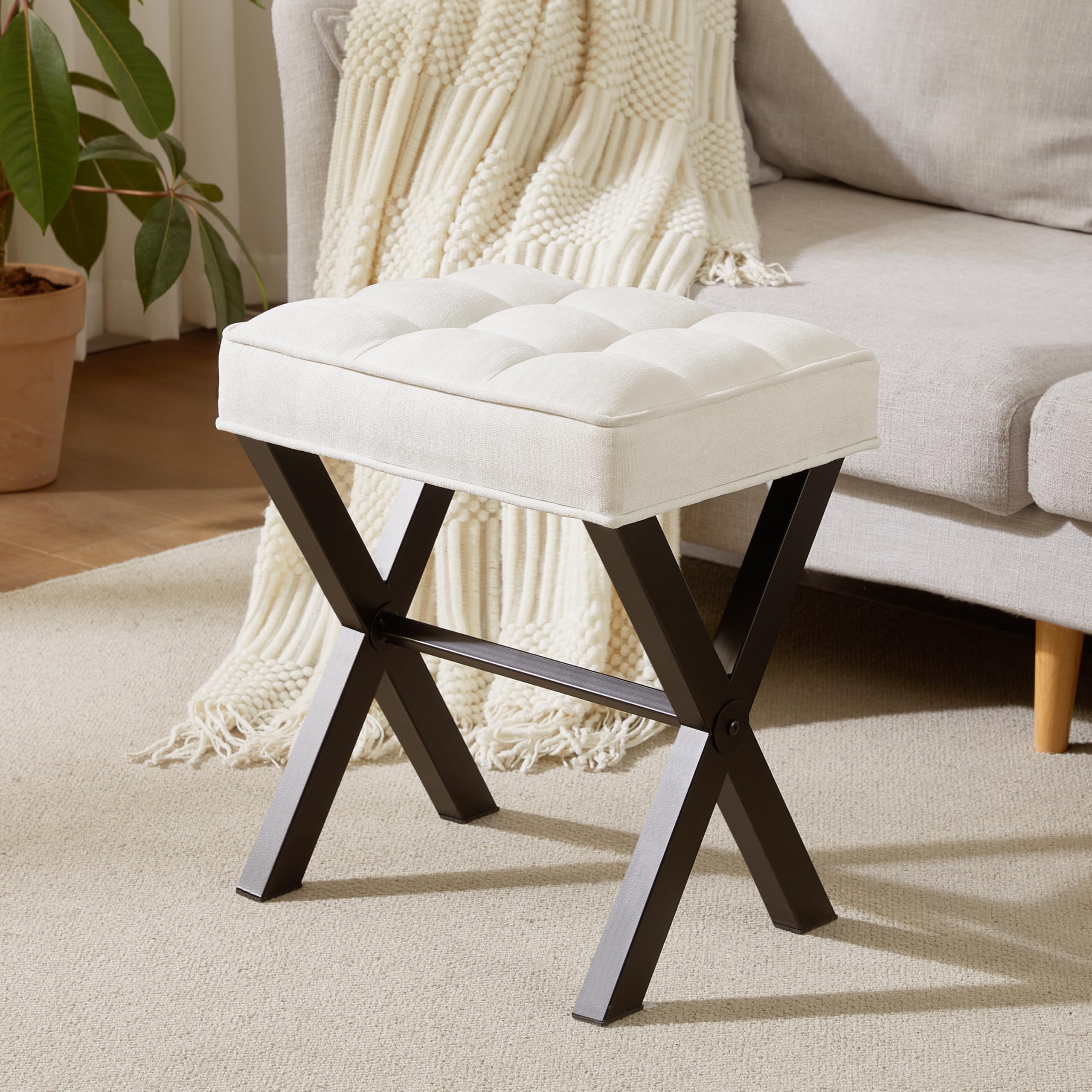 Alt View 6. JETRANSPORT - Vanity Stool Square Ottoman Foot Rest Upholstered Chair Metal Small Seat Entryway Bedroom Living Room - White+black.