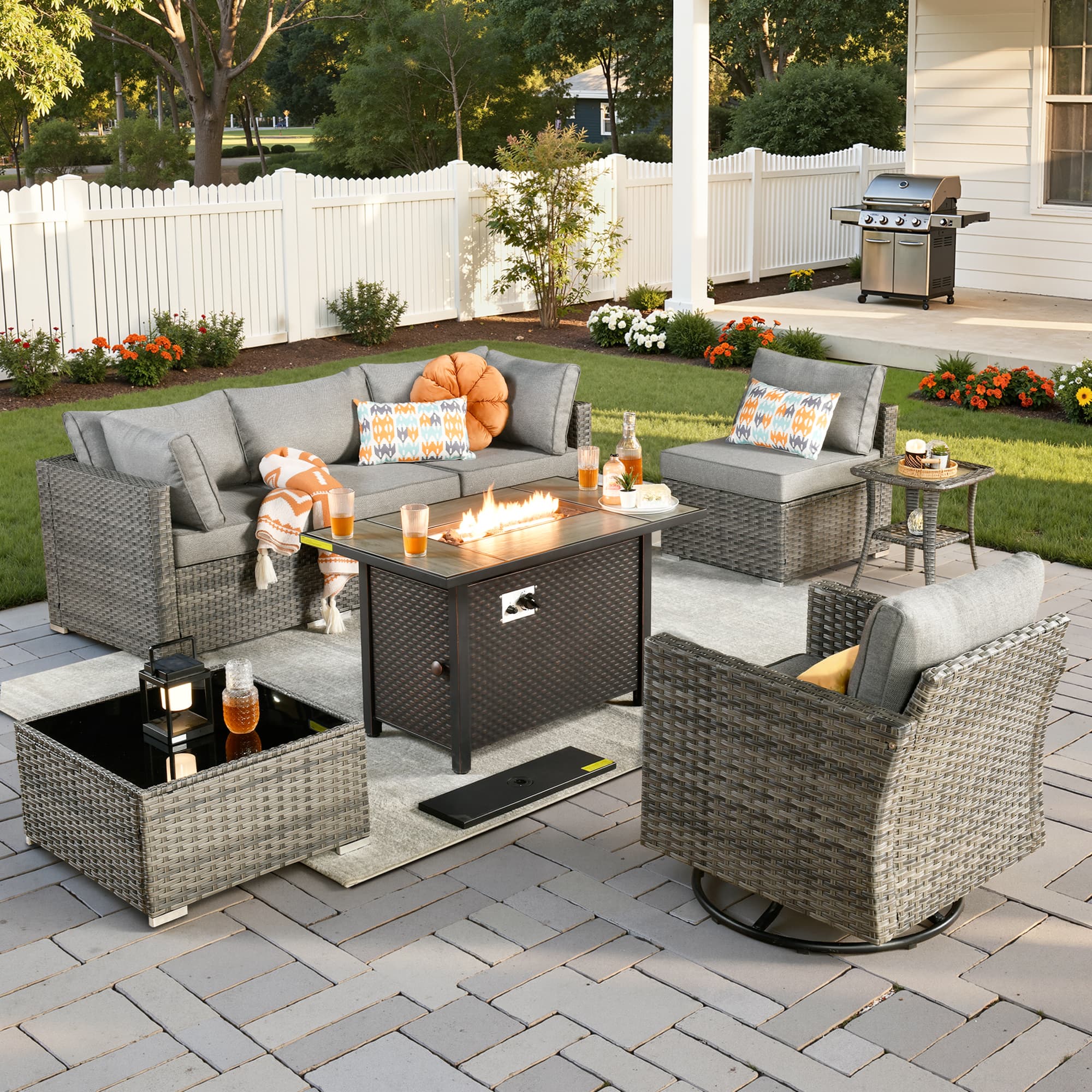 Ovios - 8 PCS Patio Furniture Set with 42" Fire Pit Table, Outdoor Sectional Sofa with Coffee Table - Dark Gray