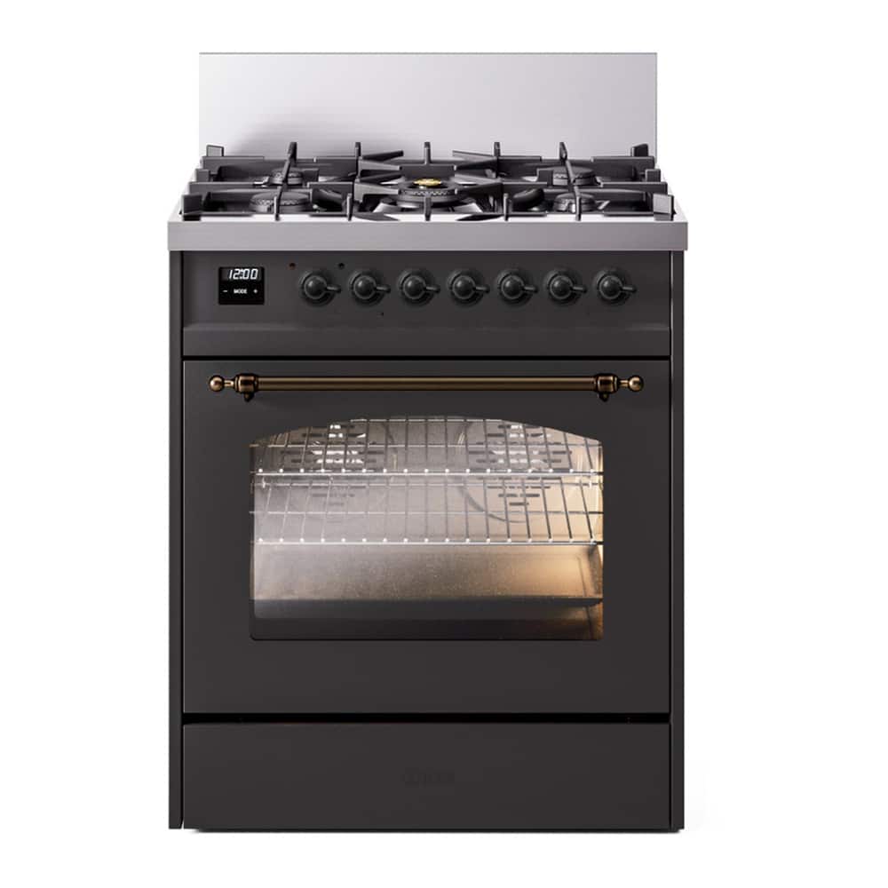ILVE - Nostalgie II Series 30 in. Dual Fuel Range with 5 Sealed Burners (Natural Gas, Burnished Trim) - Graphite Matte