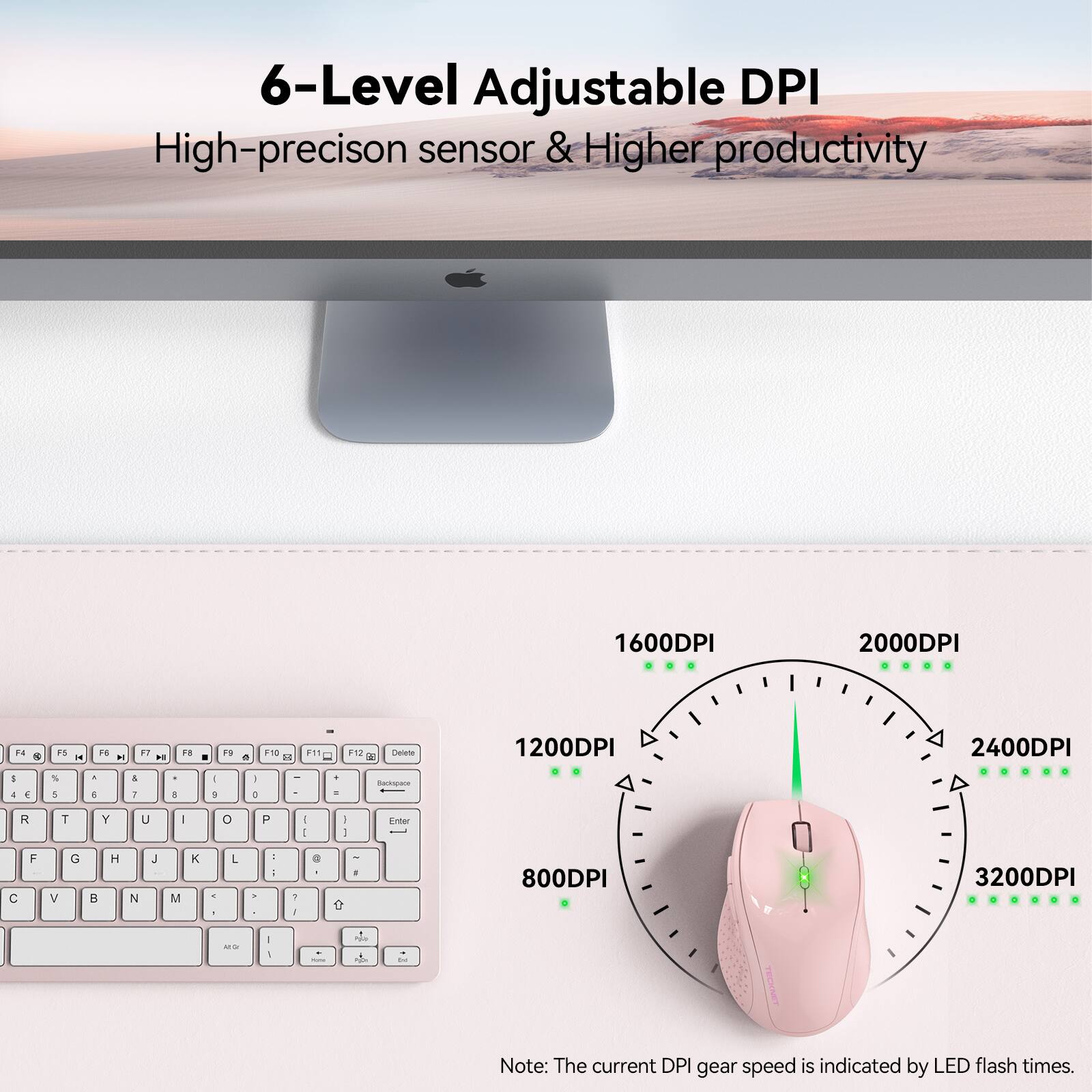 6-Level Adjustable DPI  
High-precision sensor & Higher productivity

1600DPI  
2000DPI  
1200DPI  
2400DPI  
800DPI  
3200DPI

Note: The current DPI gear speed is indicated by LED flash times.