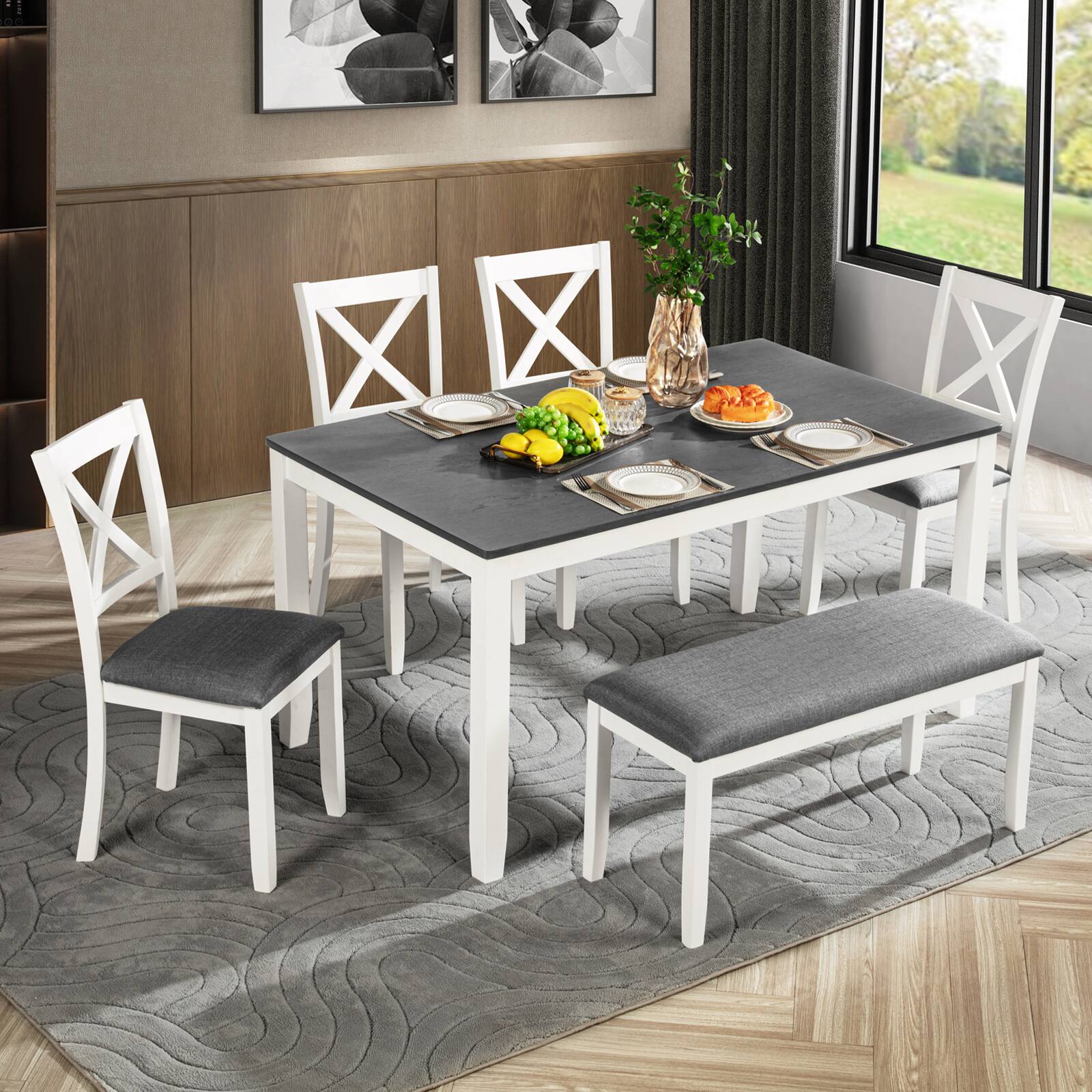 APRILSOUL 6 Piece Dining Table Set with Bench Wood Dining Table Set for 6 Modern 6 Person Dining ...
