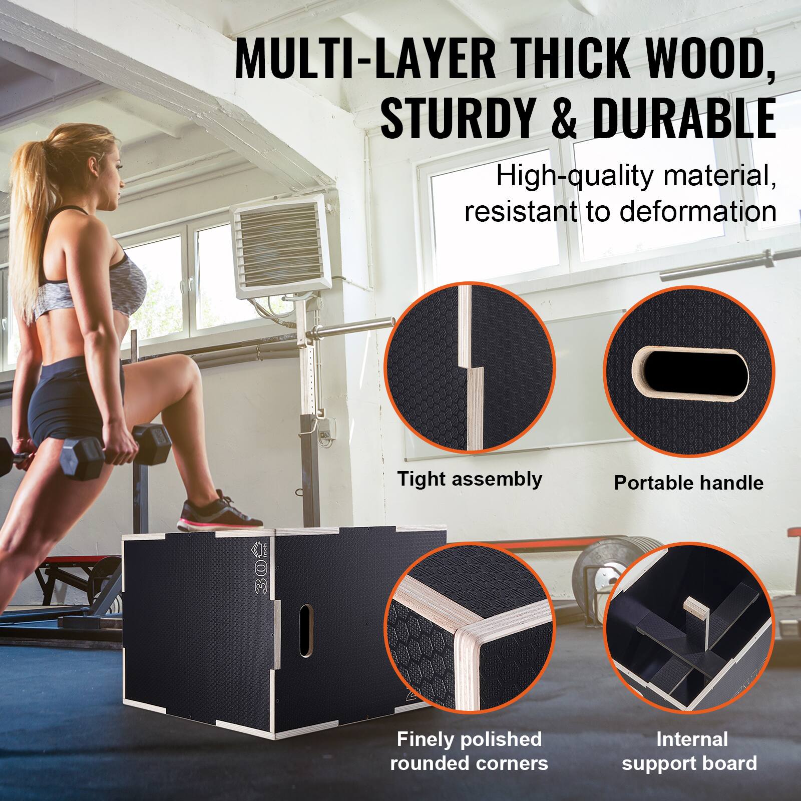 Here is the corrected and grouped text:

**MULTI-LAYER THICK WOOD, STURDY & DURABLE**

- High-quality material, resistant to deformation
- Tight assembly
- Portable handle
- Finely polished rounded corners
- Internal support board