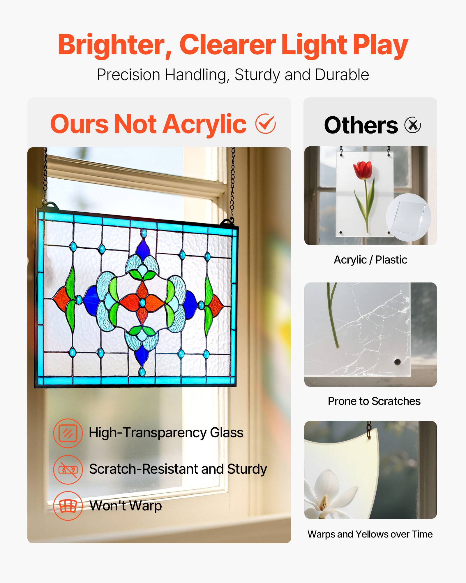 Brighter, Clearer Light Play  
Precision Handling, Sturdy and Durable  

Ours Not Acrylic  
High-Transparency Glass  
Scratch-Resistant and Sturdy  
Won't Warp  

Others  
Acrylic / Plastic  
Prone to Scratches  
Warps and Yellows over Time
