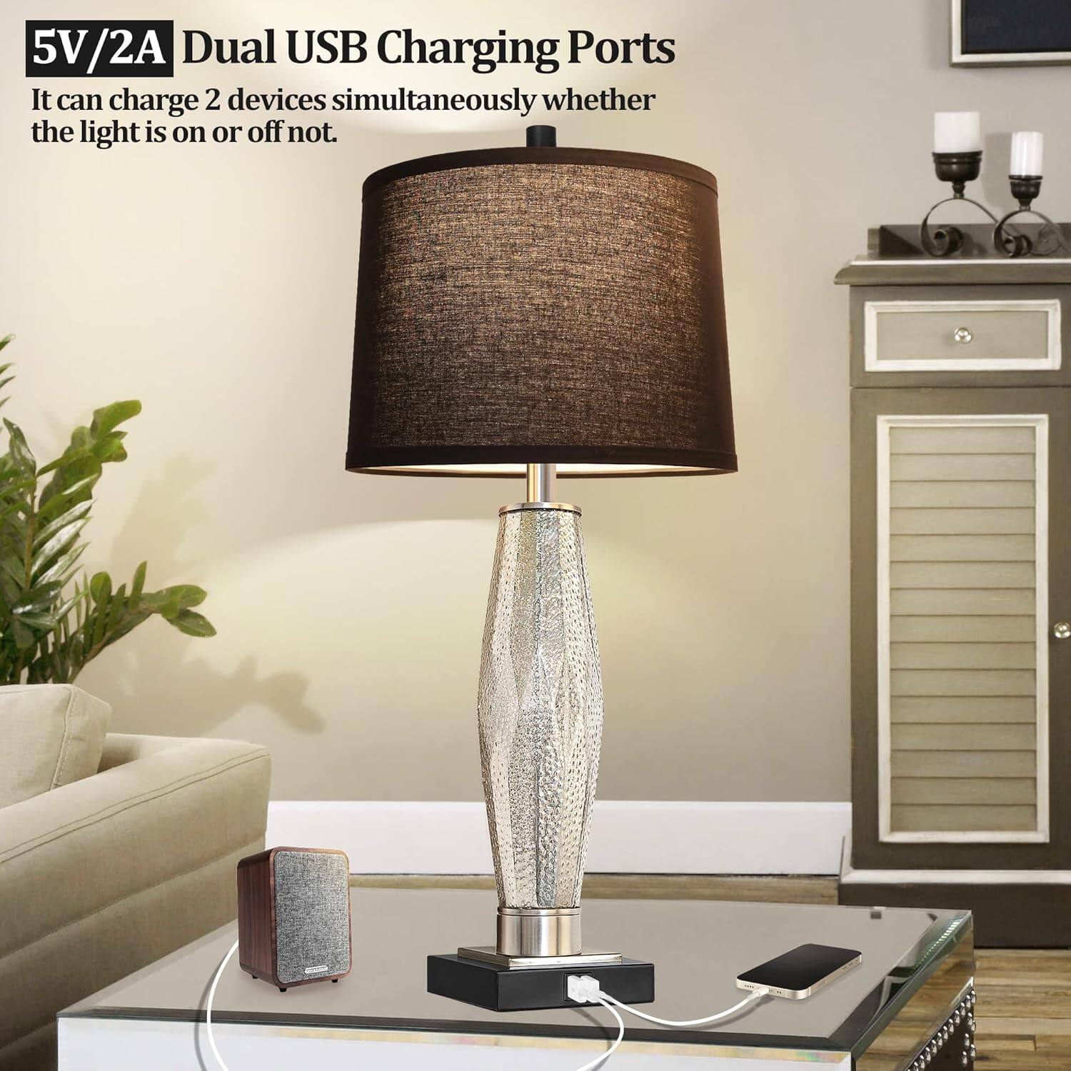 5V/2A Dual USB Charging Ports  
It can charge 2 devices simultaneously whether the light is on or off not.